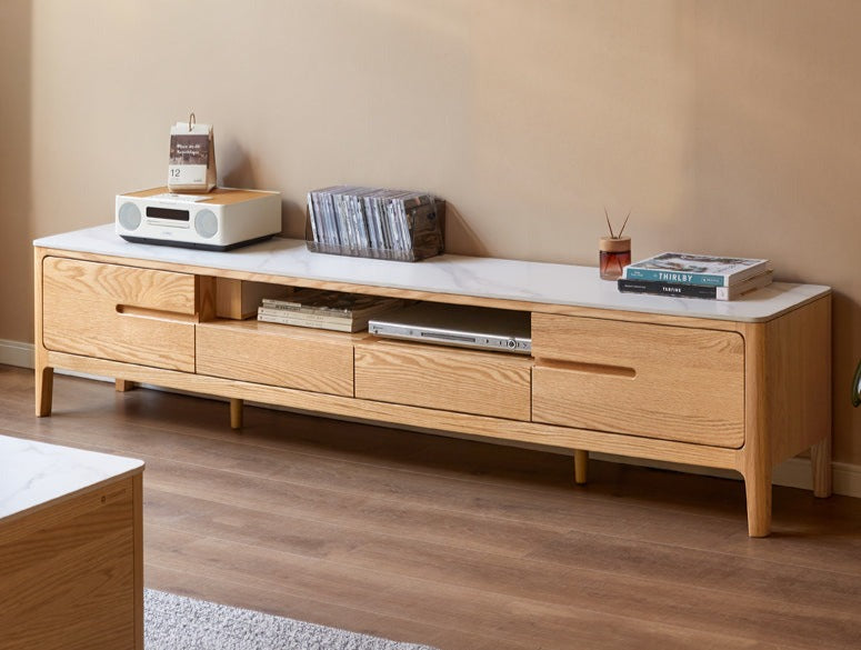 Solid Oak Wood TV Stand with Slate Top - Modern Entertainment Center for Living Room, Bedroom & Home Theater