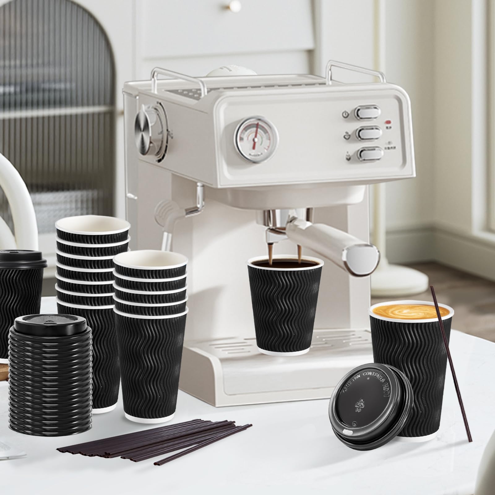 Lamosi 16 oz Disposable Coffee Cups with Lids - 50 Pack Insulated Hot Paper Cups for Coffee, Tea & Hot Drinks - Leakproof Travel Cups with Straws & Corrugated Ripple Wall - Perfect for Office, Coffee Shops, Cafes & Takeout (Black)