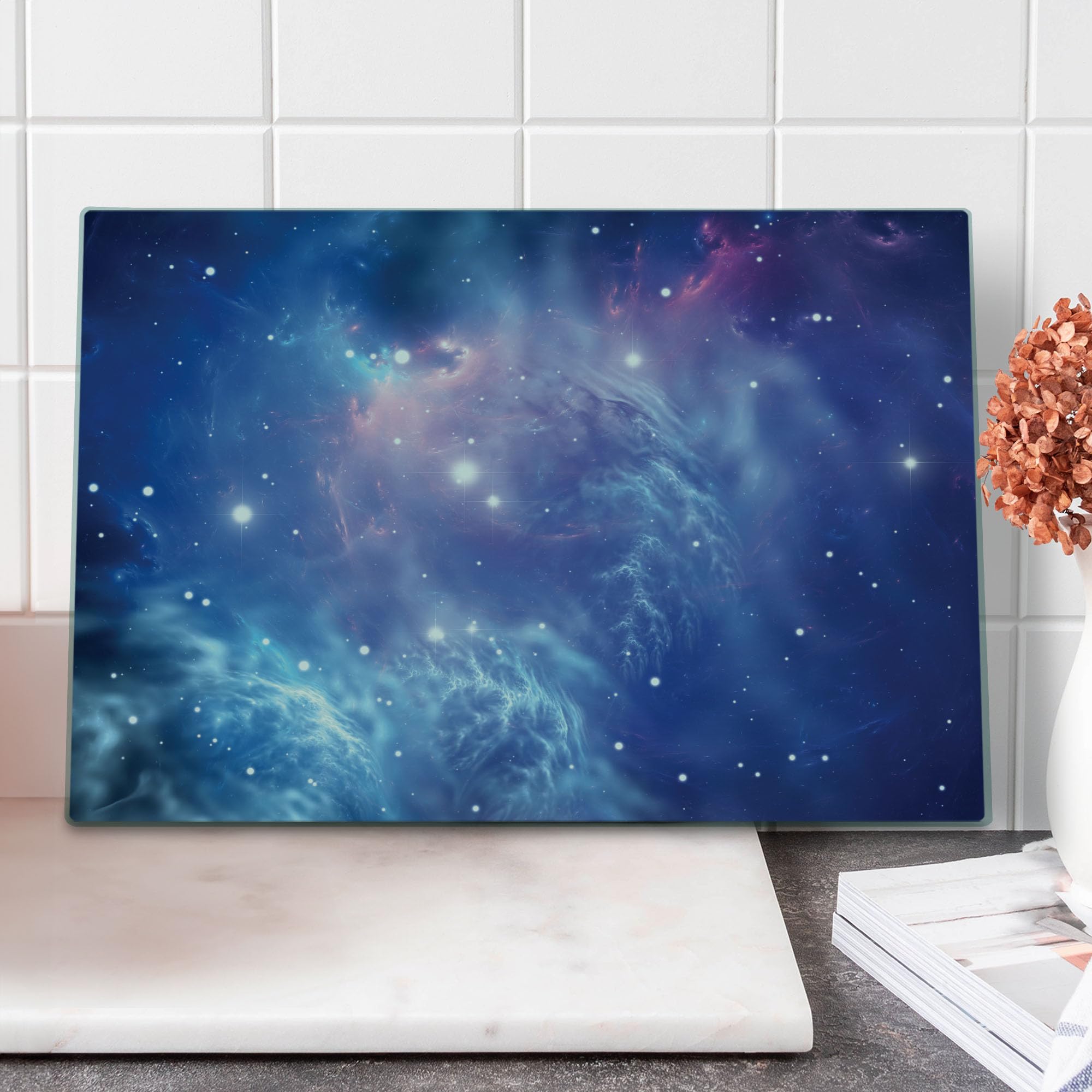Ambesonne Galaxy Themed Tempered Glass Cutting Board - Outer Space Nebula with Star Clusters Astronomy Art - Large Purple Navy Serving Board for Kitchen & Party Use
