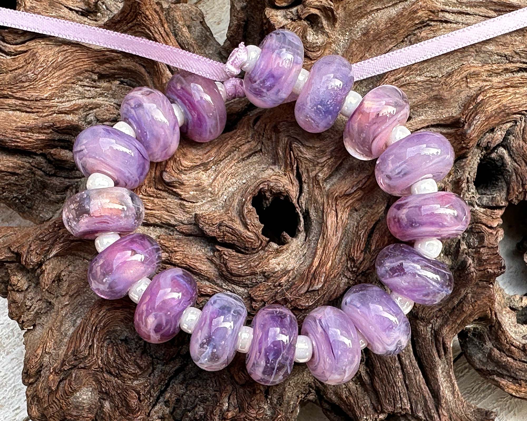 16 Lavender Purple Swirl Lampwork Glass Beads Set for Jewelry Making - DIY Bracelet, Necklace & Craft Projects - SRA Certified Artisan Beads