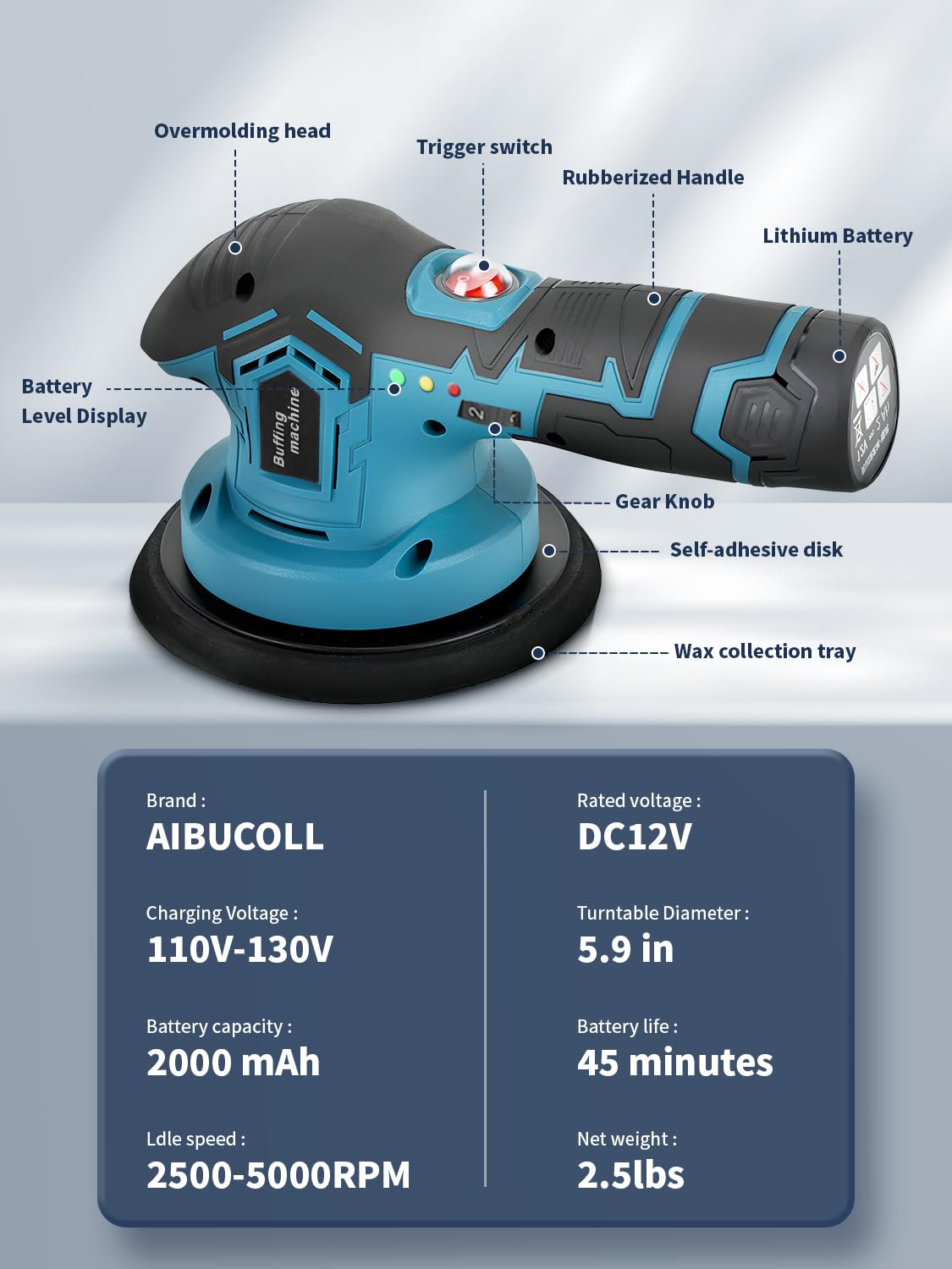 2025 Cordless Car Buffer Polisher Kit - 12V 2000mAh Lithium Battery, 6-Speed Adjustable (5000 RPM) for Detailing, Waxing & Sanding | Portable Auto Polishing Machine for Cars, Boats & RVs