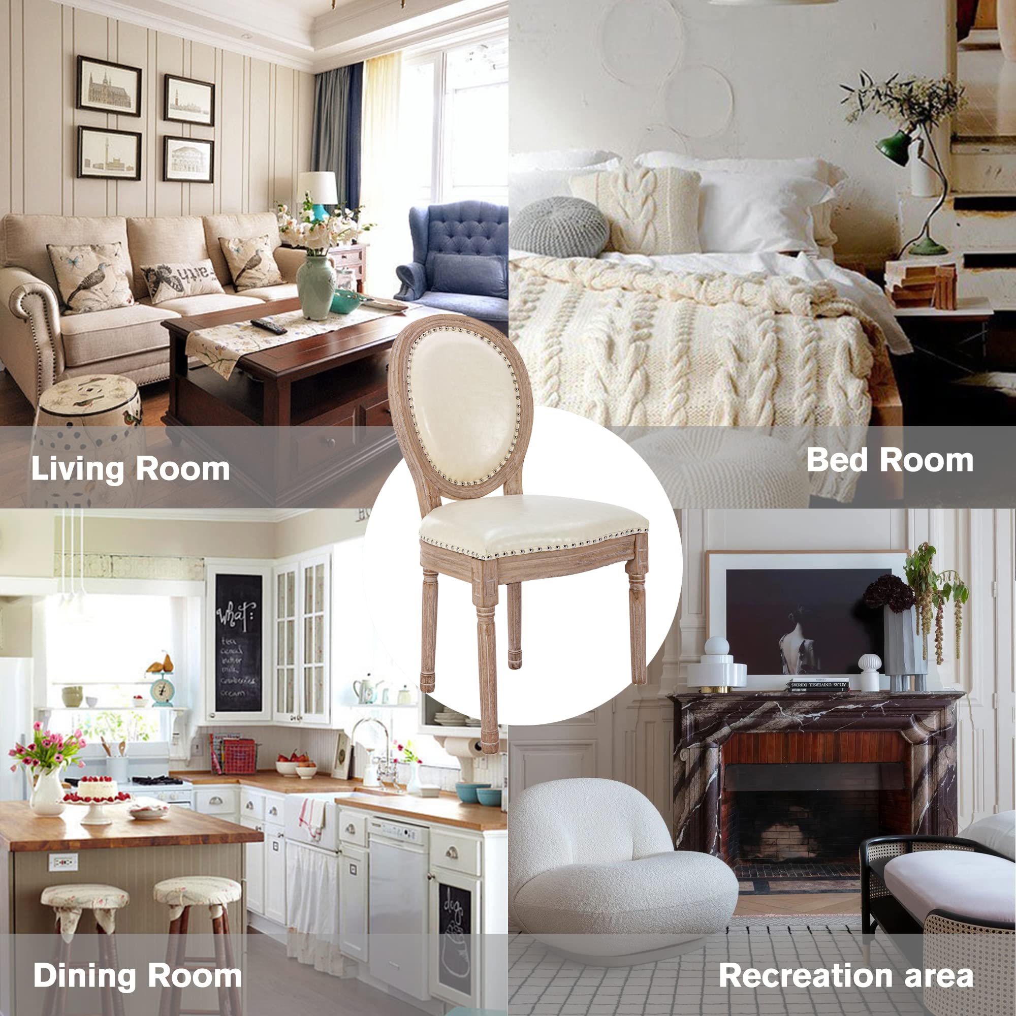 Nrizc French Country Dining Chairs Set of 2 - Genuine Leather Farmhouse Kitchen Chairs with Round Back & Solid Wood Legs - Elegant Oval Side Chairs for Dining Room, Bedroom, Kitchen or Breakfast Nook - Perfect for Farmhouse Decor, Rustic Weddings and Cozy Family Gatherings