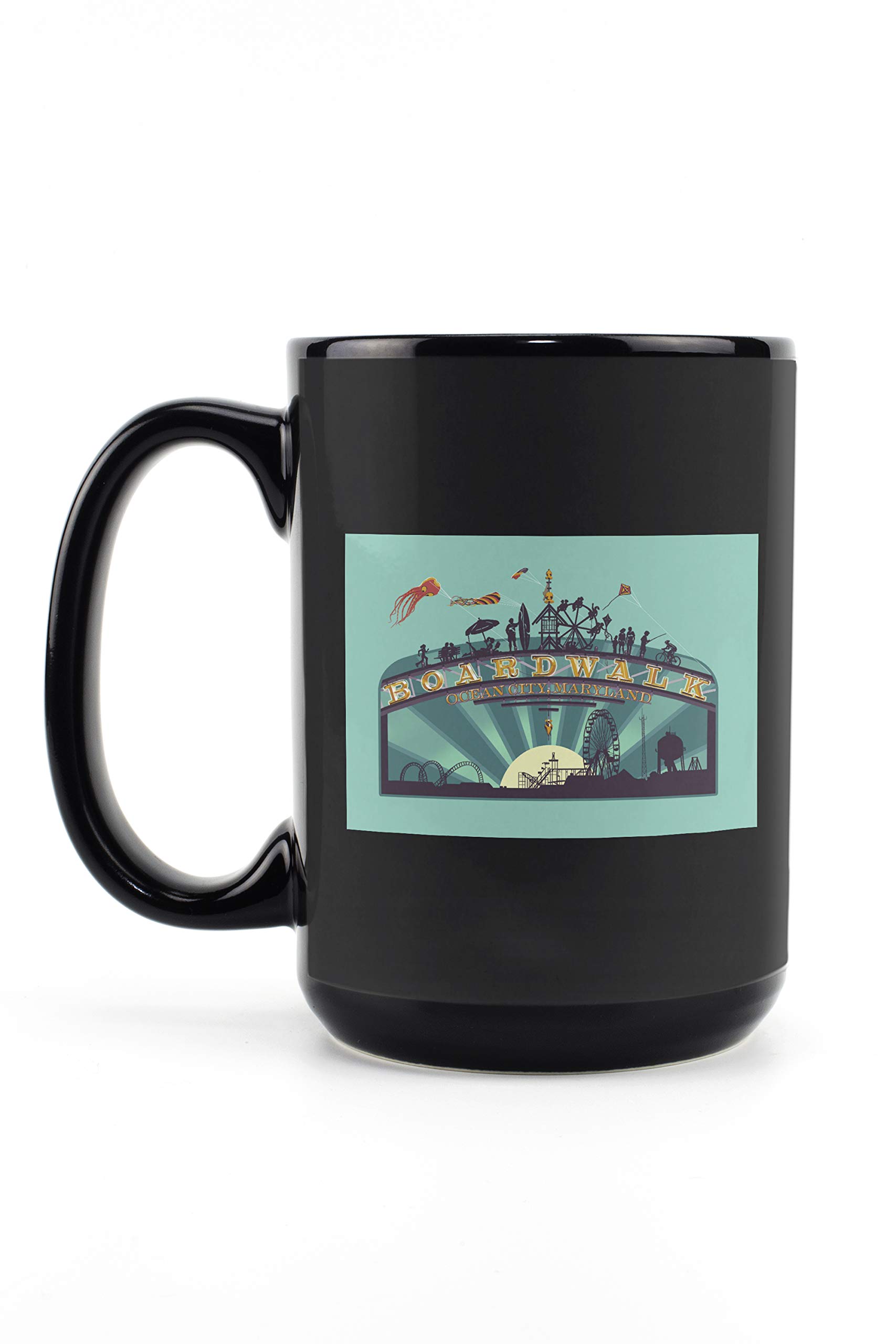 Lantern Press Ocean City Maryland Boardwalk Sign Contour 15oz Black Ceramic Coffee Mug - Microwave & Dishwasher Safe - Perfect for Home, Office & Travel Use