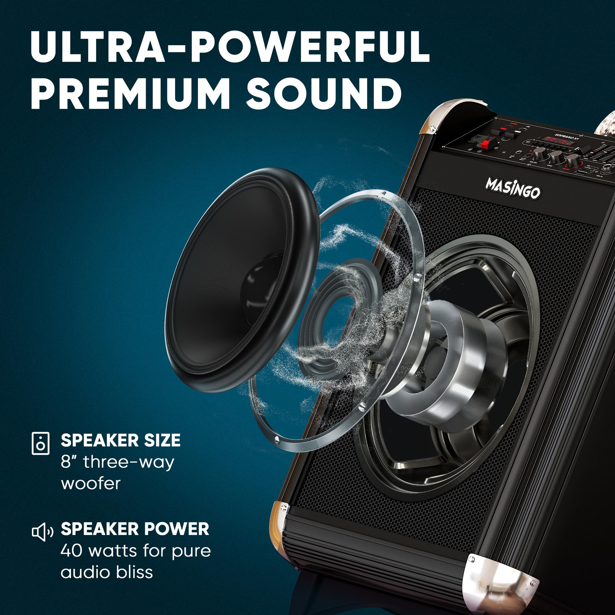 MASINGO Karaoke Machine with 2 Wireless Microphones - Portable Bluetooth PA Speaker System for Adults & Kids, Features Disco Ball Lights, Lyrics Display, Tablet Holder & TV Cable (Soprano X1 2.0) - Perfect for Home Parties, Birthday Celebrations and Family Gatherings