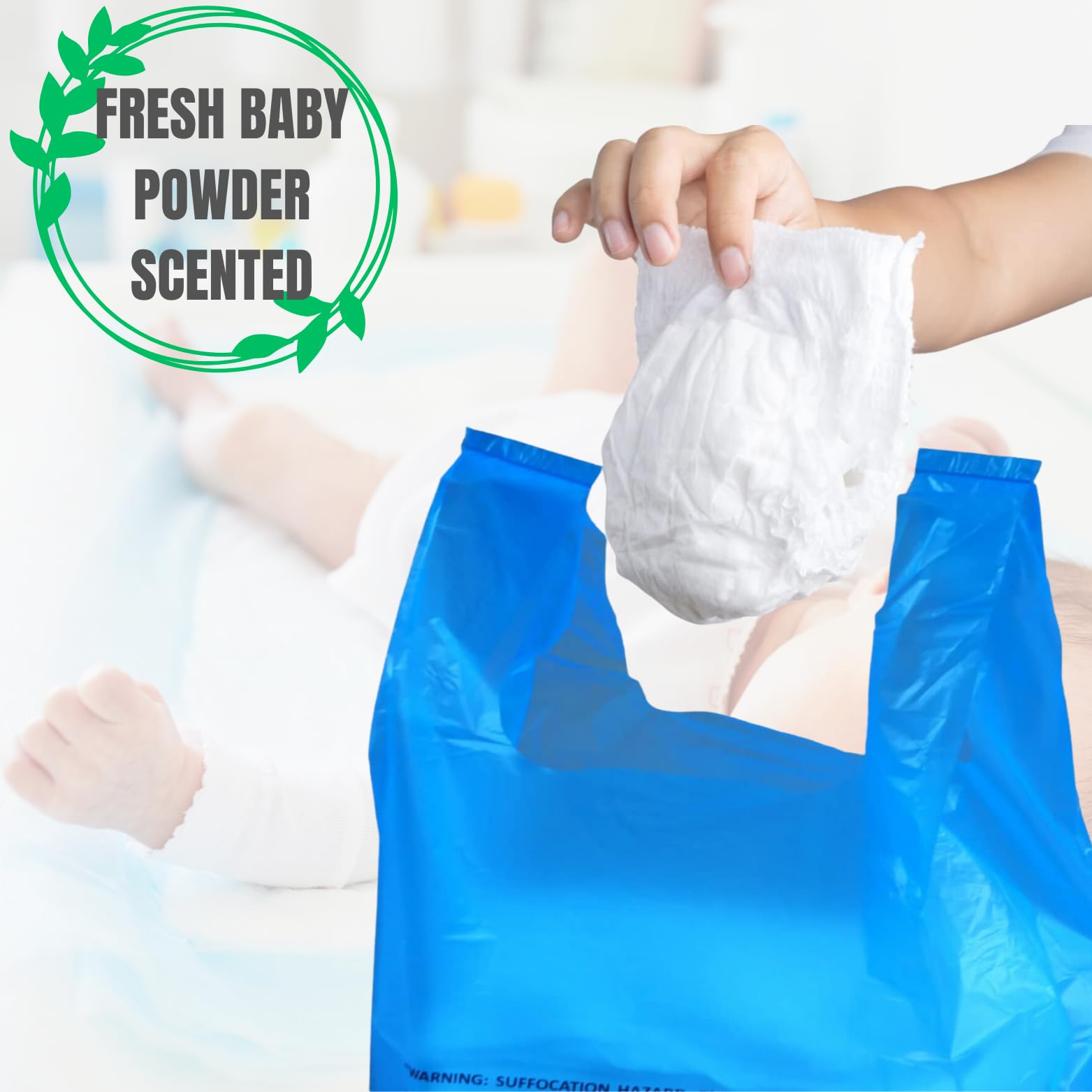 **500 Count Disposable Baby Diaper Bags with Fresh Baby Powder Scent - Easy Tie Handles, Bulk Pack for Diapers, Dog Poop, Cat Litter & Sanitary Pads Disposal - Perfect for Travel, Daycare & Pet Owners**