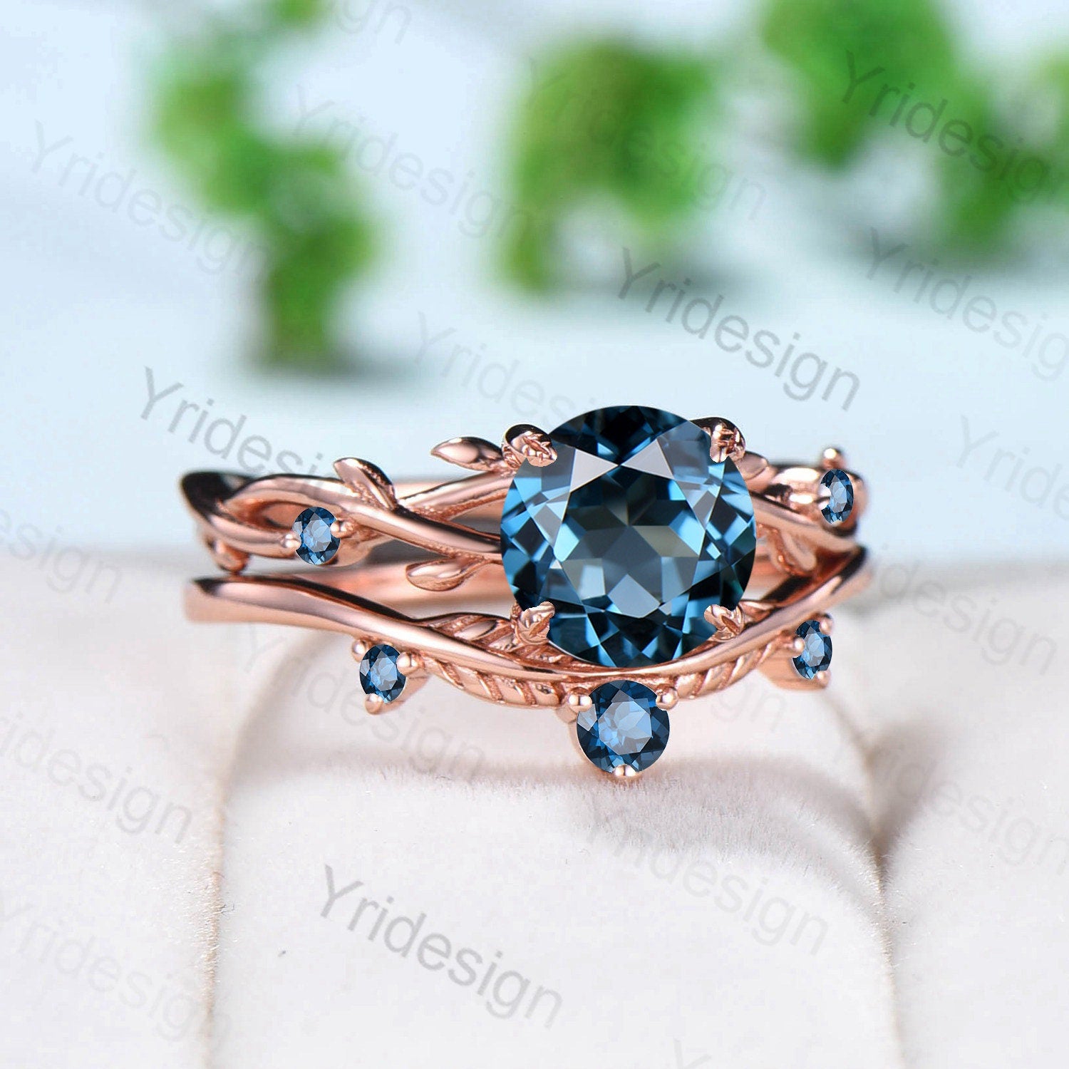 London Blue Topaz Engagement Ring Set in Rose Gold - Natural Inspired Branch Design Wedding Ring for Women - Unique Leaf Anniversary Promise Ring - Perfect for Proposals, Weddings & Special Occasions