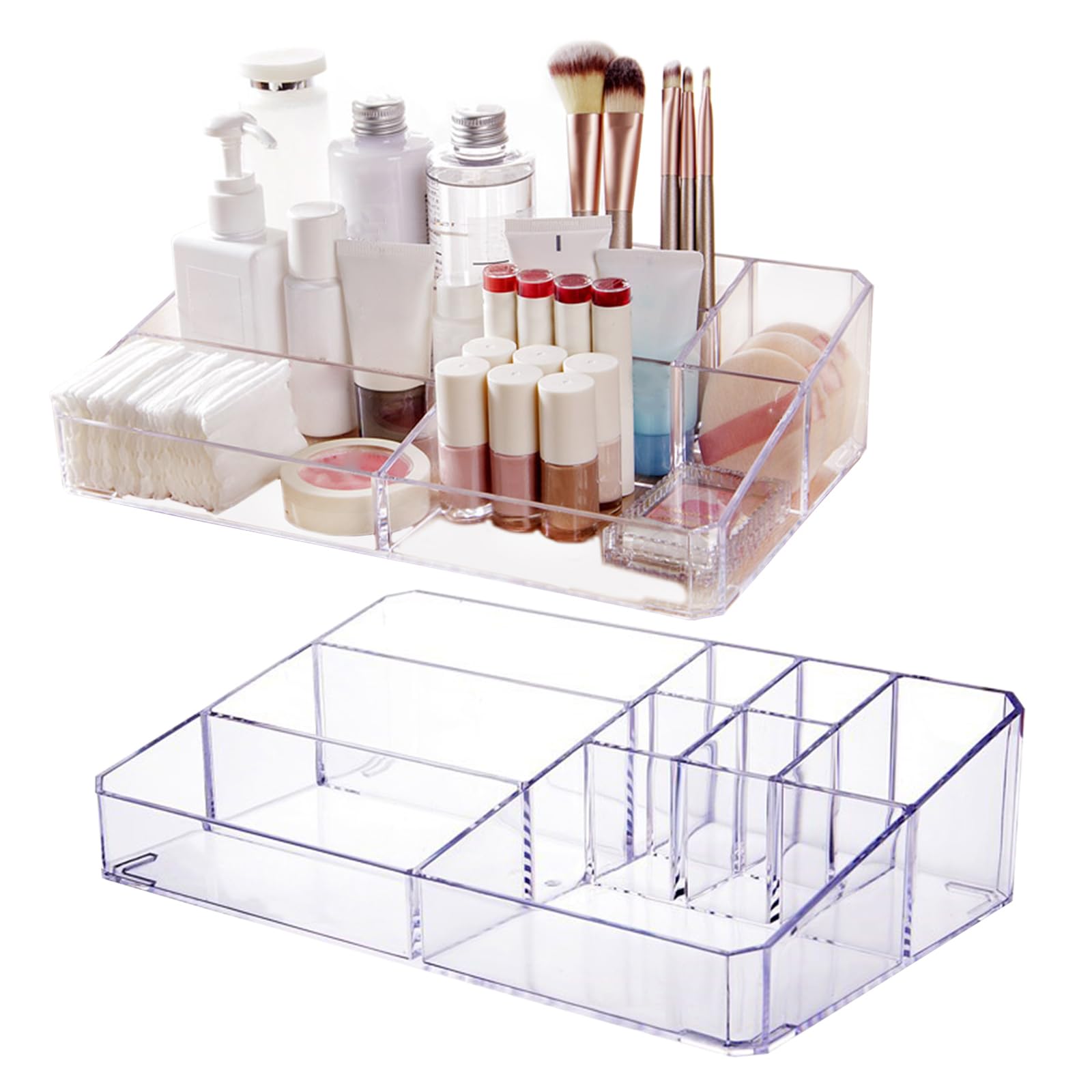 Jucoan 2 Pack Clear Acrylic Makeup Organizer Tray - 9 Compartment Vanity Storage for Cosmetics, Skincare, Lipsticks & Brushes (12.5