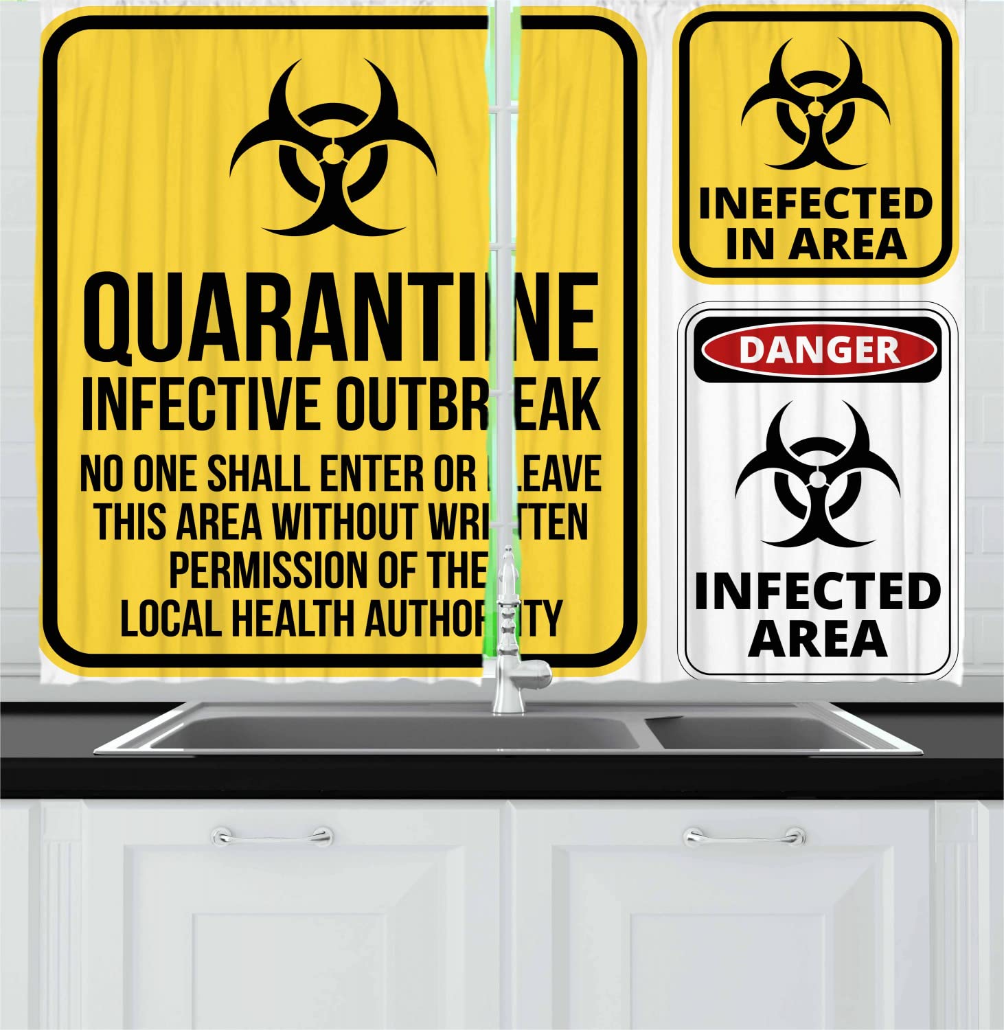 Ambesonne Zombie Long Kitchen Curtains - Danger Caution Signs Quarantine Biological Design - 55