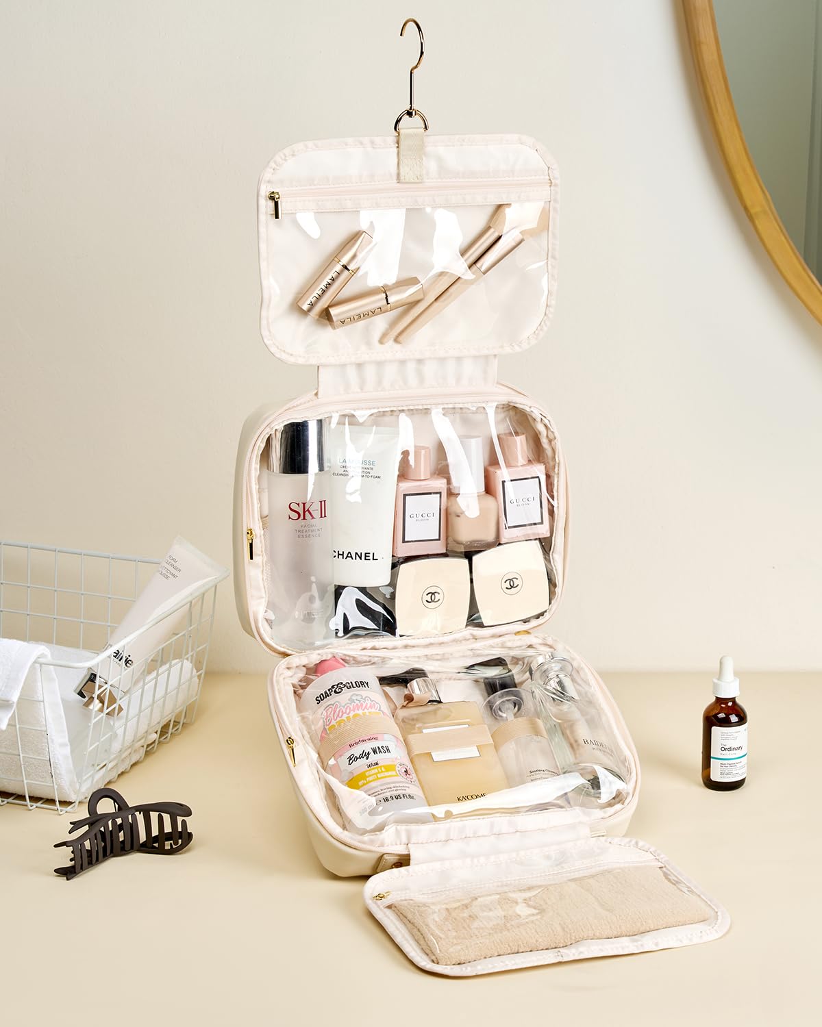 Waterproof Hanging Toiletry Bag for Travel - Medium Beige Cosmetic Organizer with Hook for Makeup, Toiletries & Full-size Bottles | Perfect for Airplane Carry-on, Camping & Gym Essentials