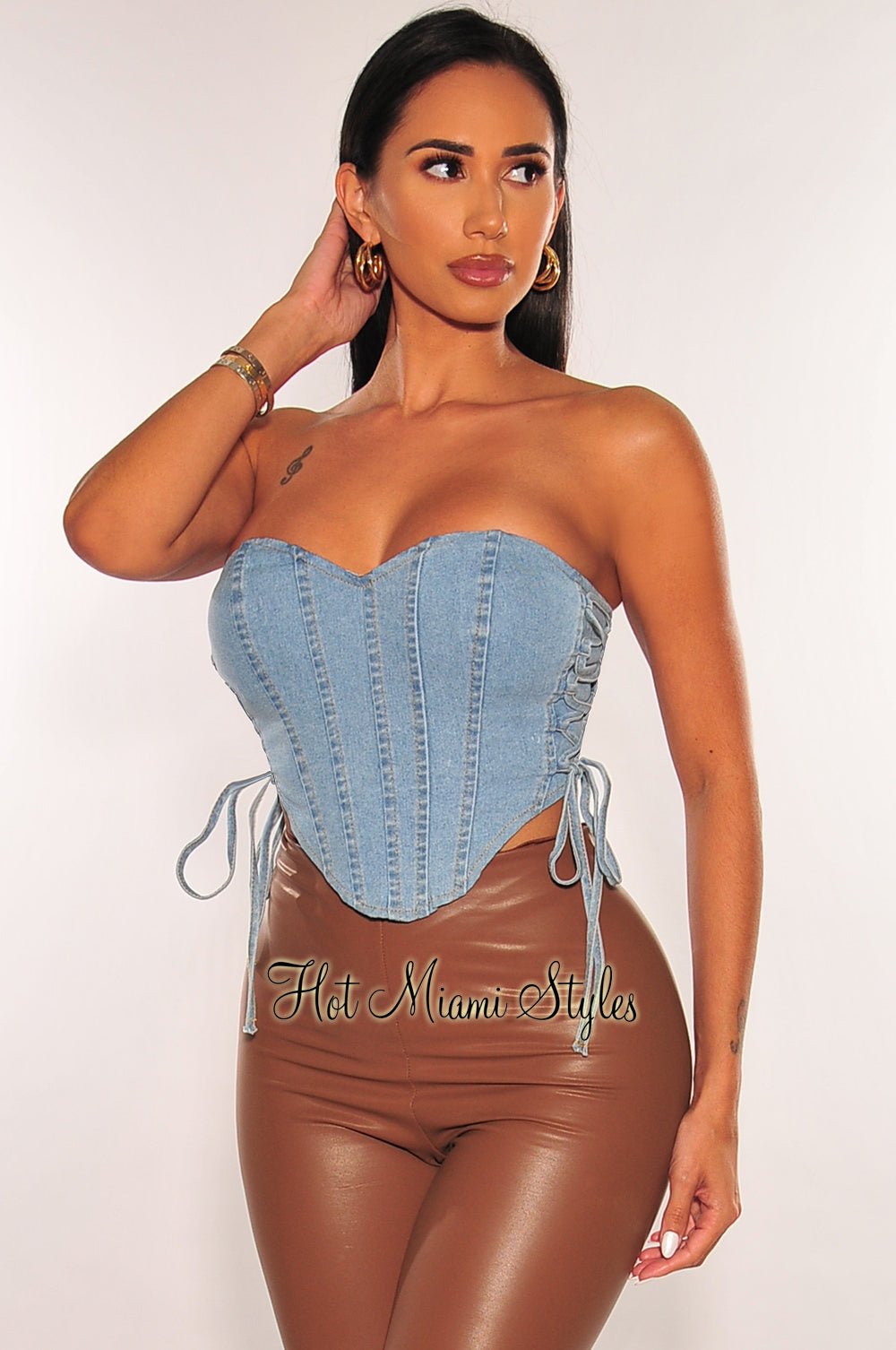 Strapless Denim Bustier Crop Top with Boned Lace-Up Sides - Sexy Vintage Corset Style for Women | Perfect for Night Out, Party Wear and Fashion Photoshoots