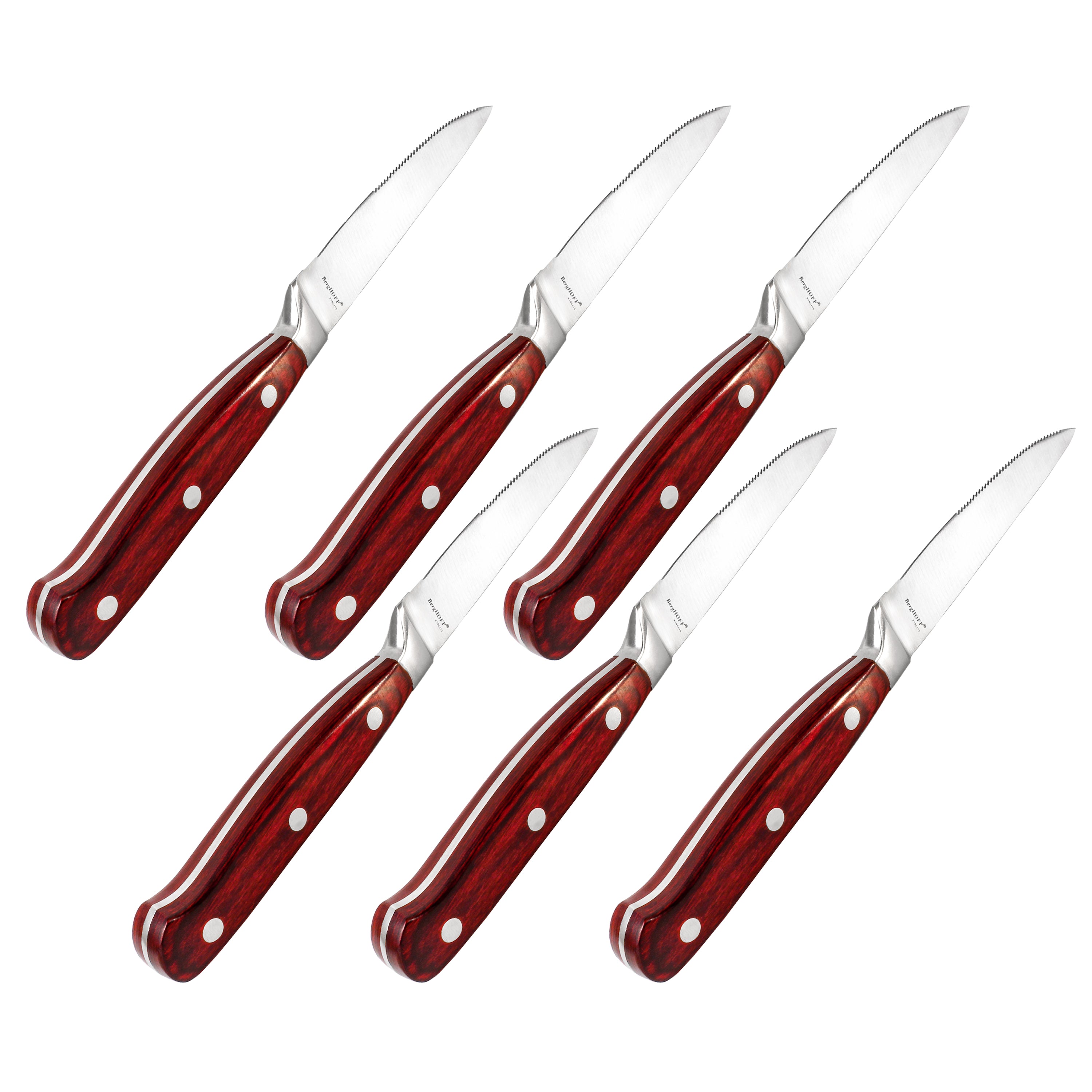 BergHOFF Pakka Wood 6-Piece Stainless Steel Steak Knife Set - Premium Steak Knives for Steak Lovers, BBQ, Dinner Parties & Fine Dining (4.75