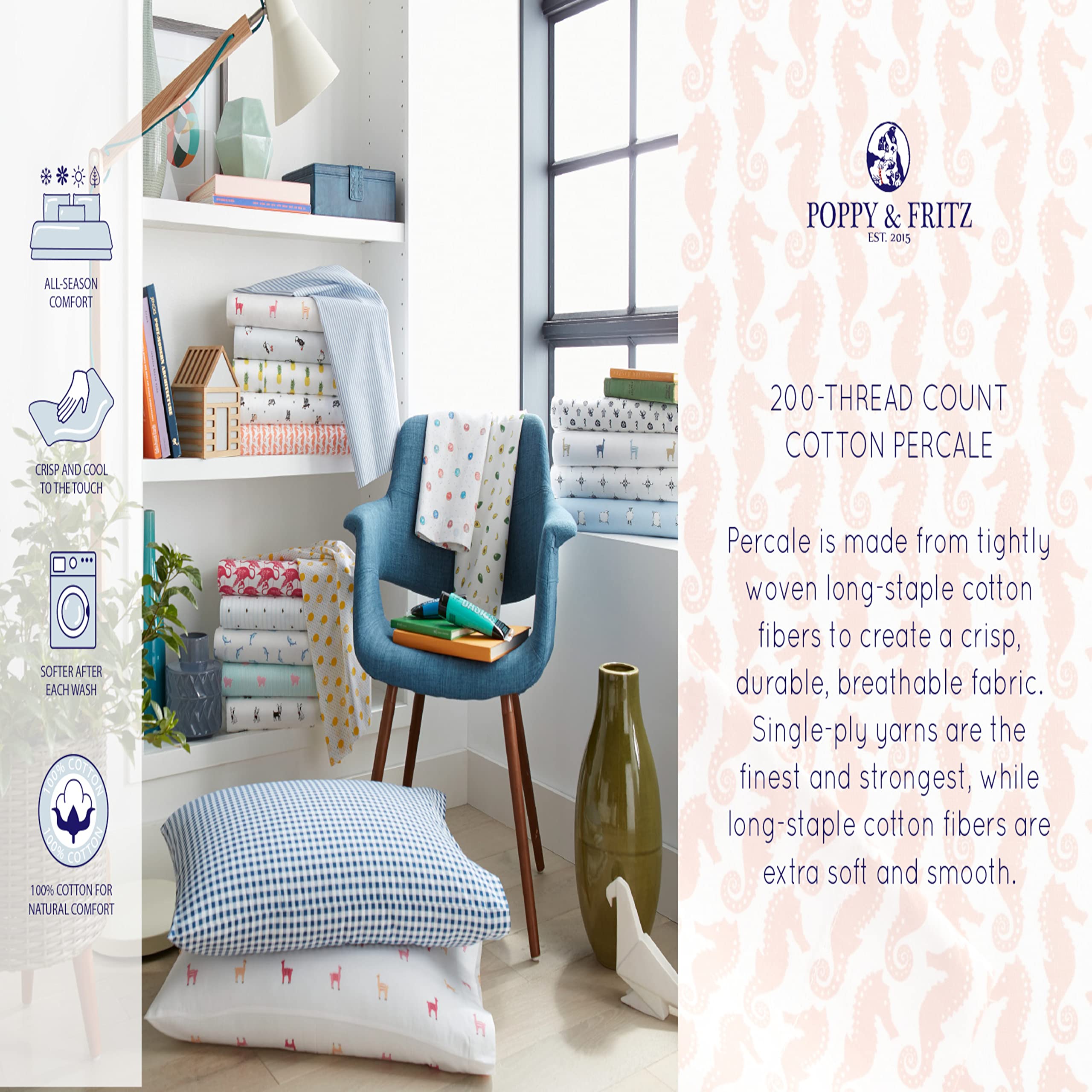 Poppy & Fritz Twin Sheets - 100% Cotton Percale Bedding Set | Crisp & Cool Breathable Bed Sheets | Puffin Paradise Print | Perfect for Kids' Rooms, Guest Beds & Dorm Essentials (Twin Size)