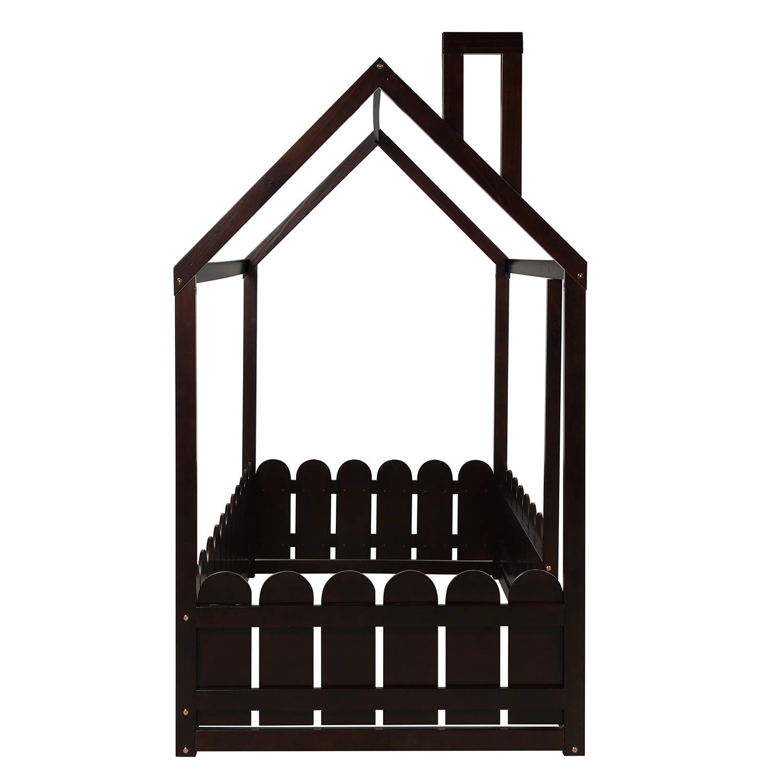Twin Size Wooden House Bed Frame with Roof and Fence - Espresso Cabin Bed for Kids, Nursery Furniture, Play Tent | Perfect for Children's Bedroom, Playroom, and Montessori Learning Spaces