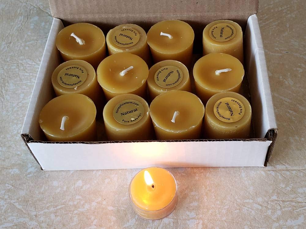 100% Pure Natural Beeswax Votive Candles - 12 Pack Handmade Eco-Friendly Unscented Candles with Free Tea Lights - Perfect for Home Decor, Wedding Centerpieces & Aromatherapy