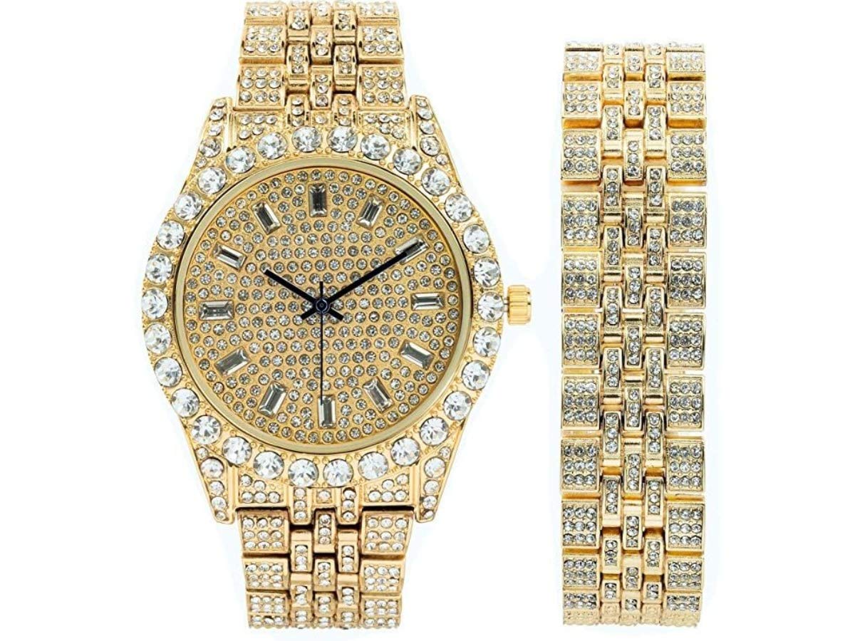 Men's Luxury Iced Out Watch with Matching Cuban Link Bracelet - Big Rhinestones & Elegant Baguette Dial - Hip Hop Bling Accessory for Parties, Gifts & Special Occasions - ST10226B
