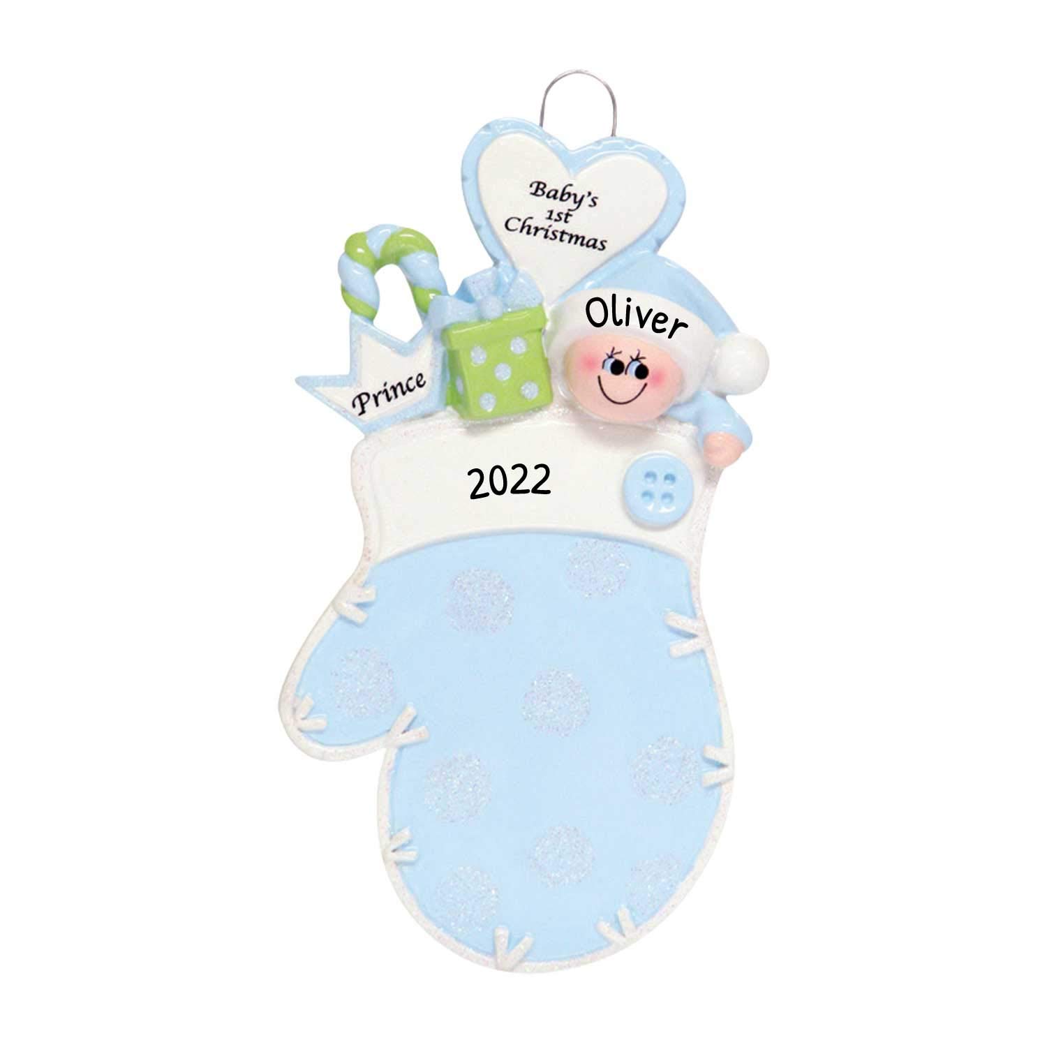 Personalized Baby's First Christmas Ornaments 2024 - Custom Name Engraved Blue Baby Mittens Keepsake for Newborn Boy - Perfect First Christmas Tree Decoration & Memorable Gift for Baby's Milestone