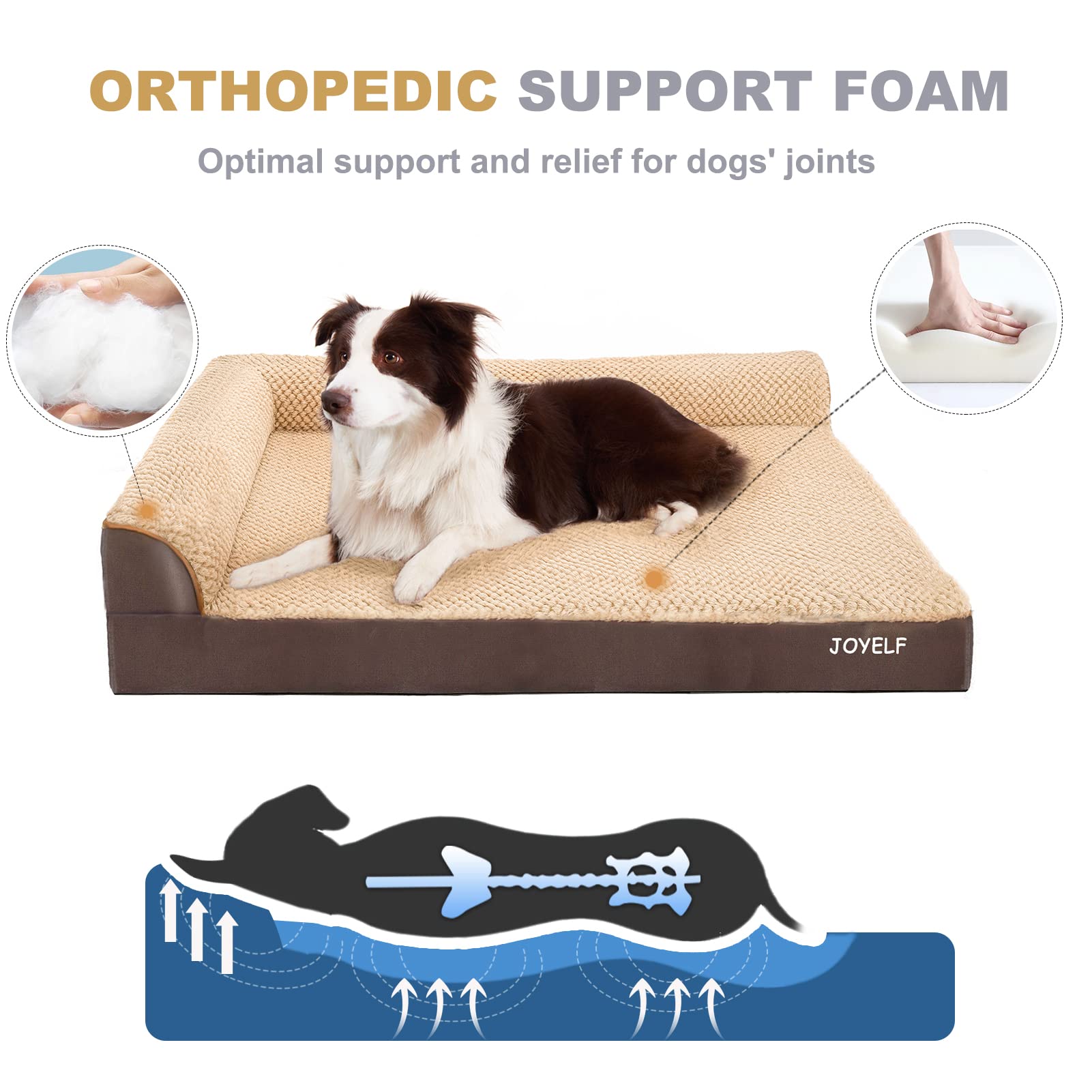 JOYELF Orthopedic Dog Bed for Extra Large Dogs - L-Shaped Memory Foam Sofa Couch with Bolster, Waterproof & Non-Slip Pet Bed, Removable Washable Cover (Coffee) - Perfect for Large Breed Dogs with Joint Pain in Living Rooms & Bedrooms