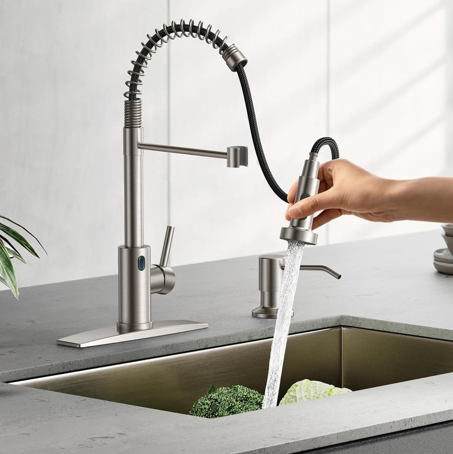 Smart Motion Sensor Touchless Kitchen Faucet with 3-Mode Pull Down Sprayer - Brushed Nickel, Ceramic Valve, 1 or 3 Hole Installation (17.79