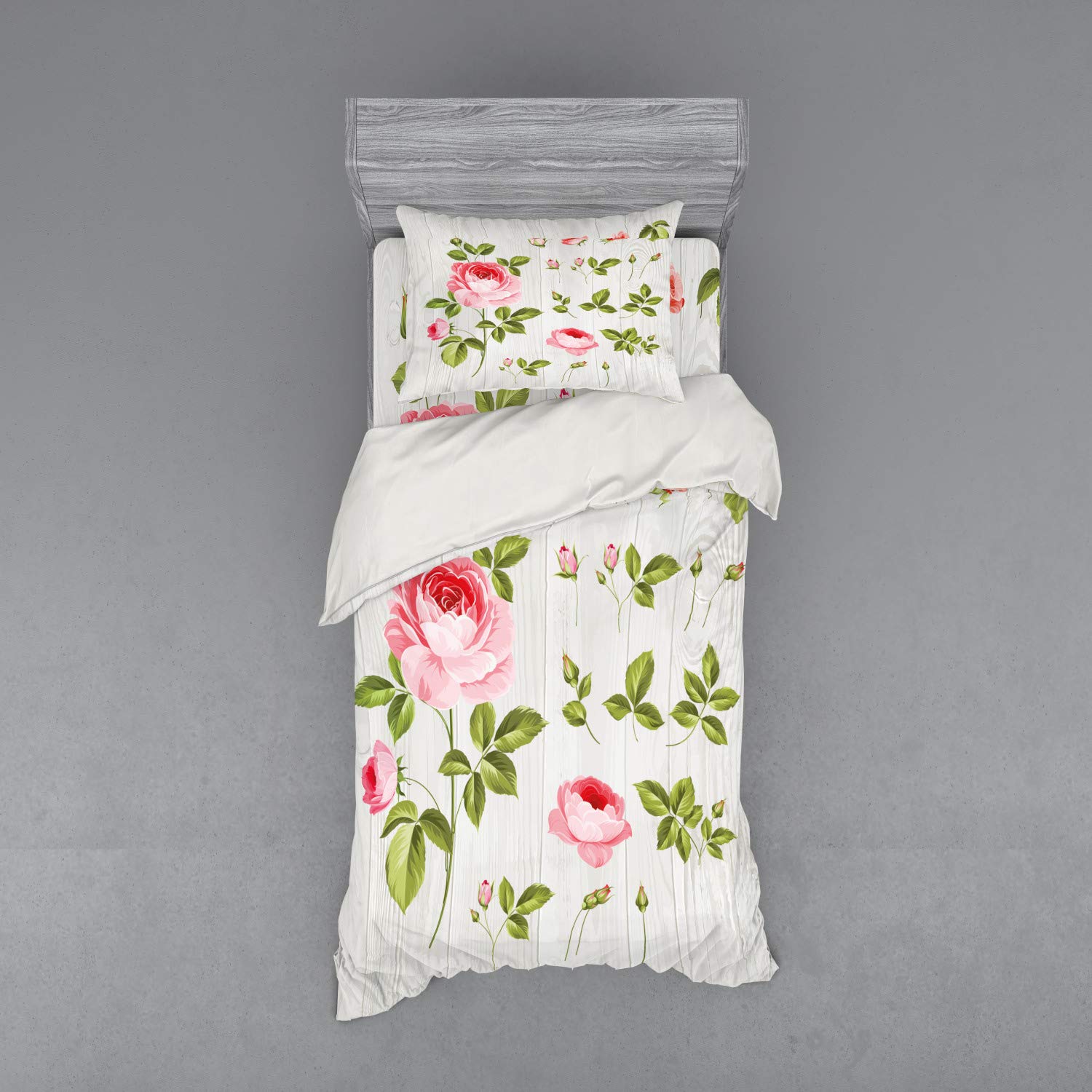 Ambesonne Floral Duvet Cover Set - Vintage Rose Petals Design on Wooden Board, 3-Piece Bedding Set with Sham & Fitted Sheet, Twin XL Size in Pale Pink Khaki - Perfect for Wedding, Romantic Bedroom Decor & Guest Room Styling