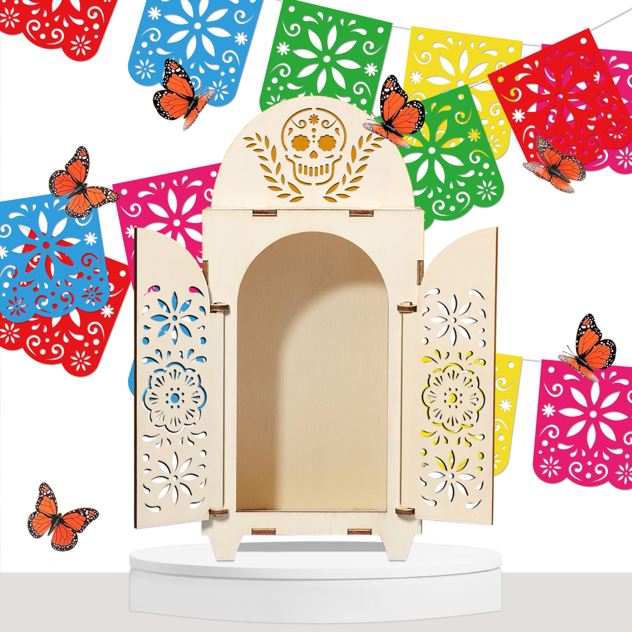Freesdai 10Pcs Day of The Dead Decorations - Wooden Shadow Box, Ofrenda Altar Decor with Papel Picado & Butterflies - Mexican Sugar Skull Party Supplies for Dia De Los Muertos Celebrations, Home Altars & Memorial Displays