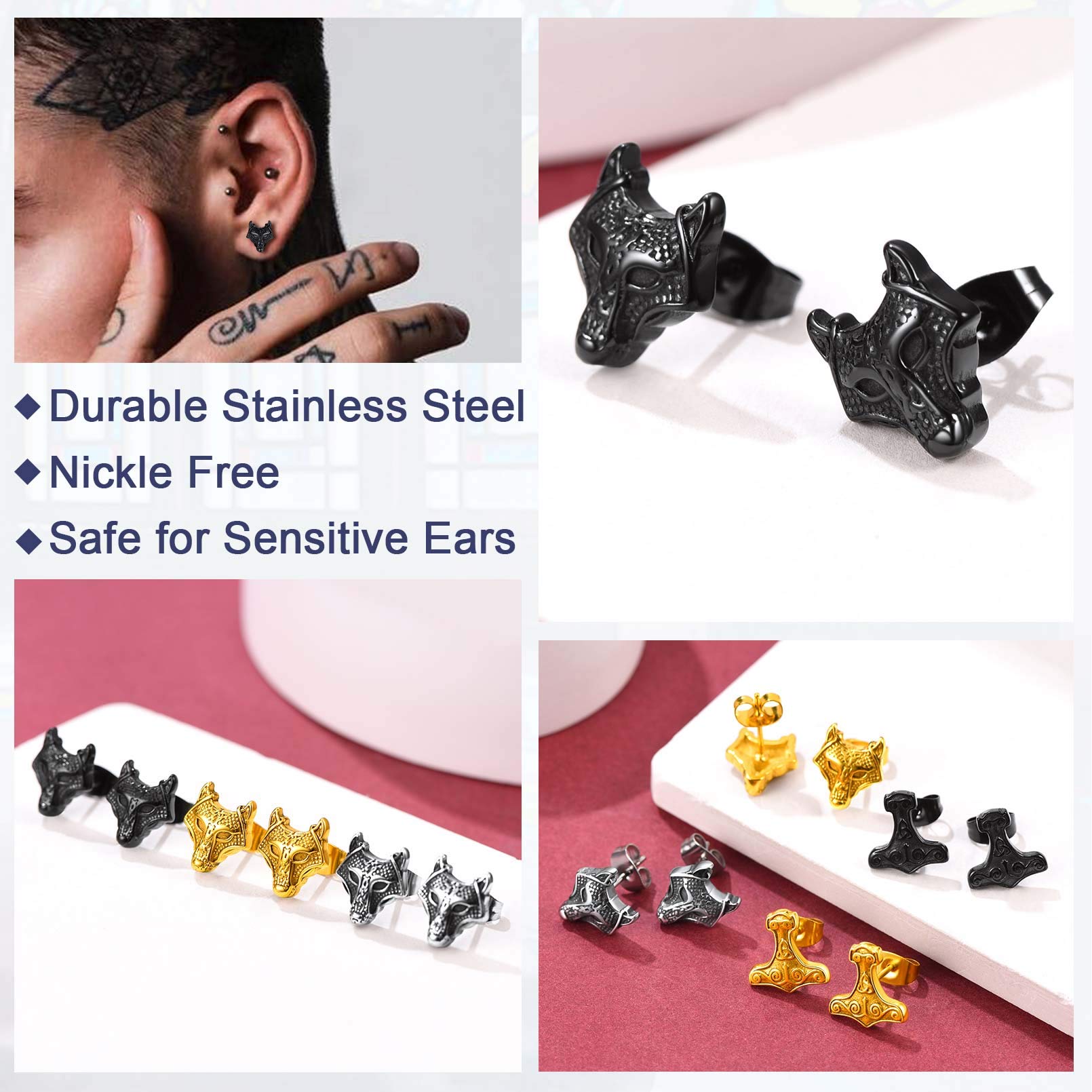FaithHeart Viking Animal Huggie Hoop Earrings for Men - Gothic Dragon/Snake/Dinosaur/Wolf Stainless Steel Hypoallergenic Lightweight Stud Earrings - Punk Rock Jewelry Gift for Him - Perfect for Concerts, Parties & Gothic Fashion