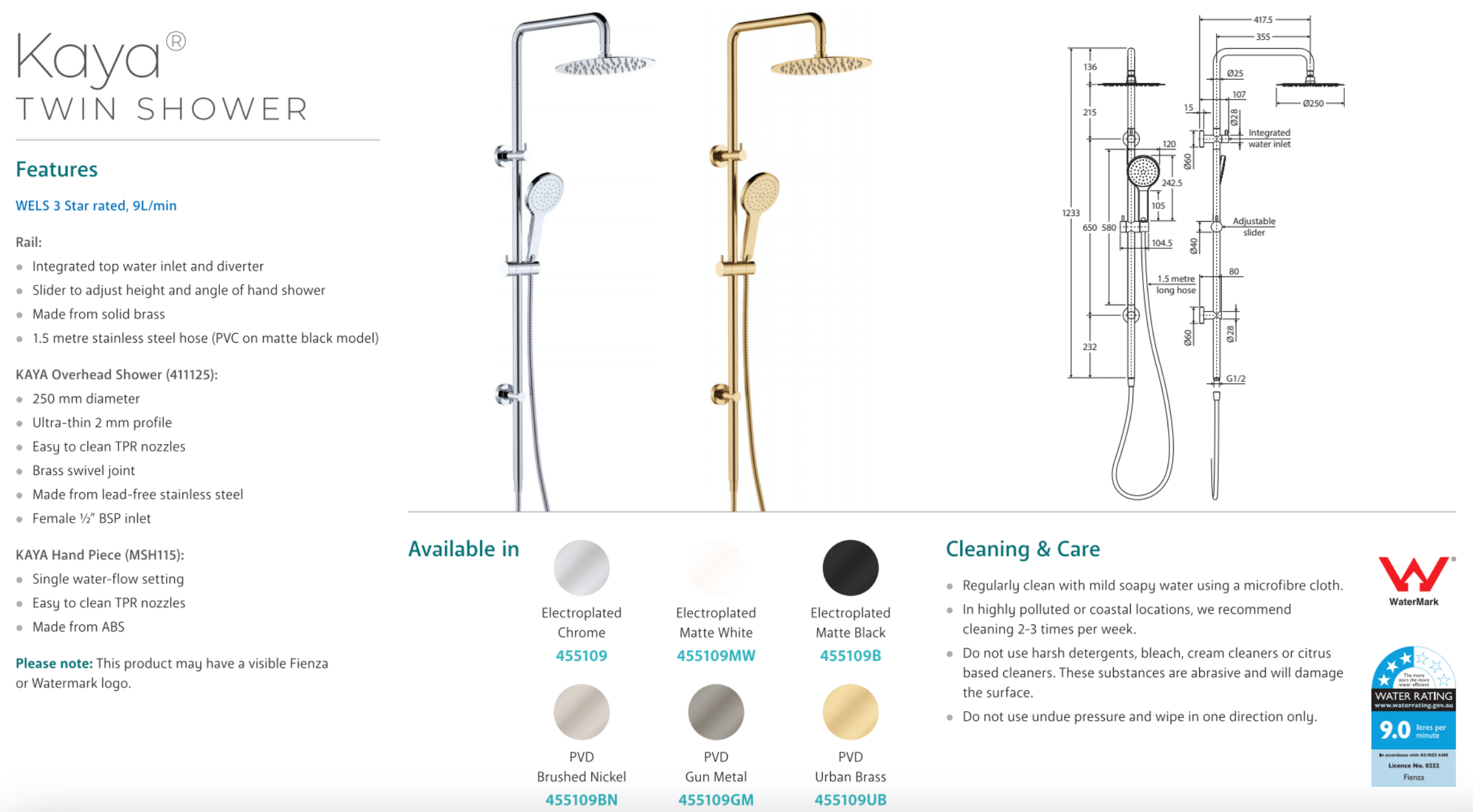 Fienza 455109MW Kaya Twin Shower Head in Matte White - High Pressure Rainfall & Handheld Combo for Luxurious Bathroom Experience