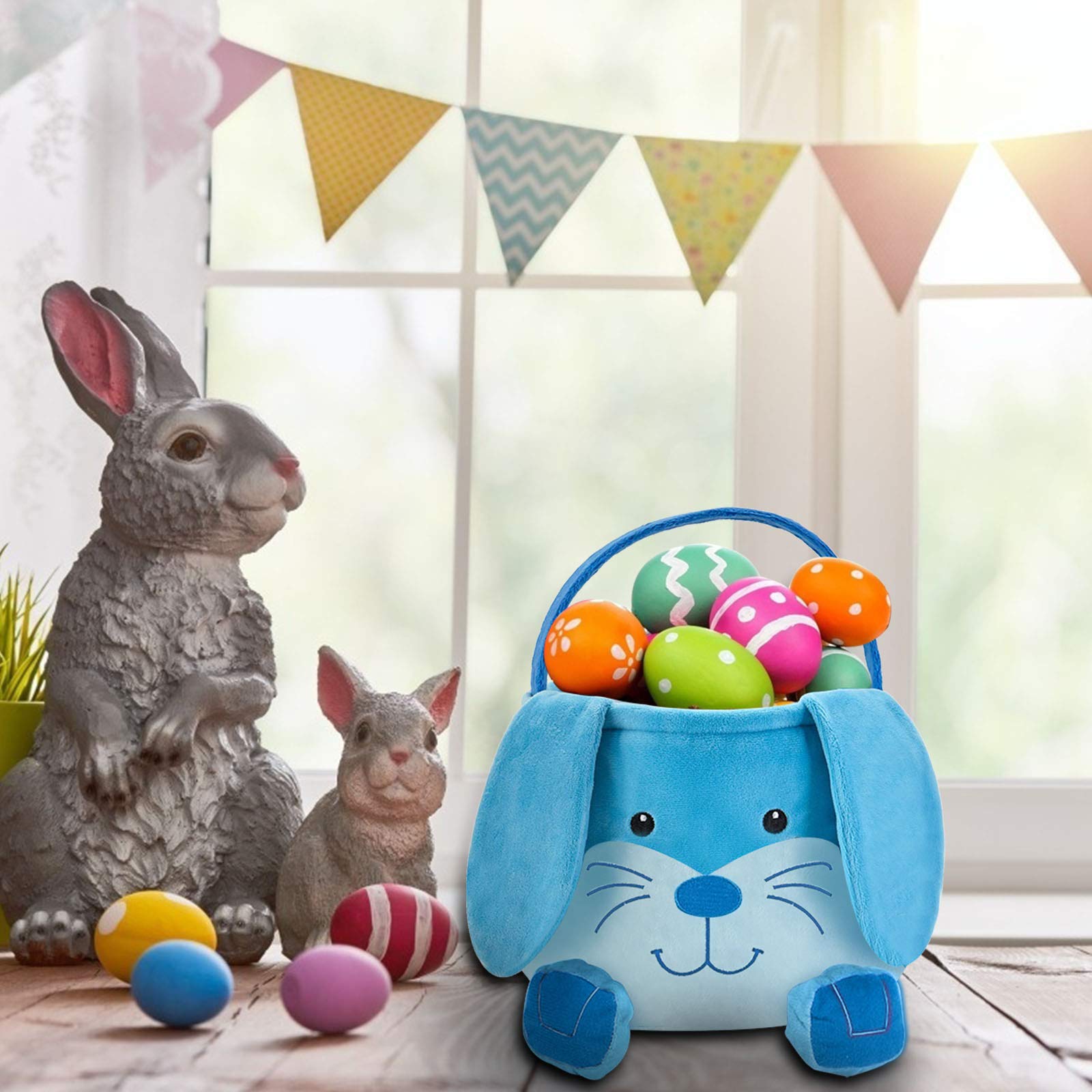Easter Bunny Plush Basket with Cute Rabbit Ears - Reusable Easter Party Candy Basket for Kids, Boys & Girls - Perfect for Easter Egg Hunts, Party Favors & Spring Decor (Blue)