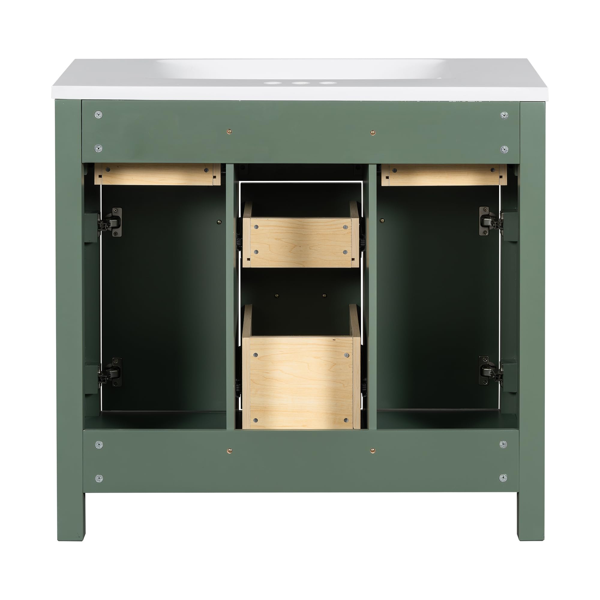 36 Inch Freestanding Bathroom Vanity with Undermount Resin Sink - Solid Wood Single Vanity with 4 Drawers & 2 Soft-Close Doors - Modern Green Bathroom Sink Cabinet for Small Bathrooms & Powder Rooms