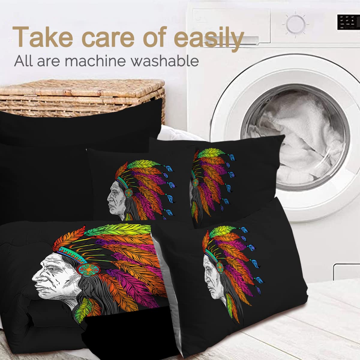 BlessLiving Native American King Comforter Set - 8 Piece Indian Chief Bedding Set with Comforter & Sheets in Black & Colorful Feather Design | Perfect for Southwest, Bohemian & Tribal Themed Bedrooms