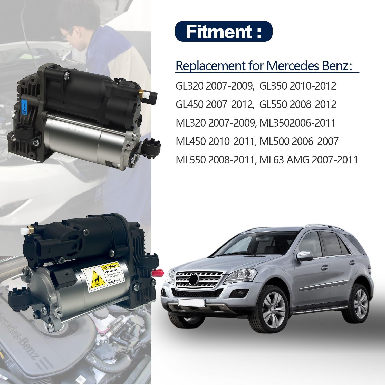 Mercedes Benz W164 X164 Air Suspension Compressor Pump Replacement for 2006-2012 GL320 GL350 GL450 GL550 ML320 ML350 ML450 ML500 ML550 ML63 AMG - Compatible with OEM 1643200004 1643200304 - Perfect for Off-Roading, Towing & Smooth Ride Comfort