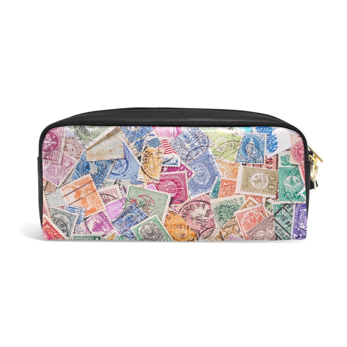 Vintage Postage Stamp PU Leather Pencil Case - Stylish Cosmetic & Makeup Pouch for School, Office, Travel - Perfect for Organizing Pens, Pencils, and Beauty Essentials