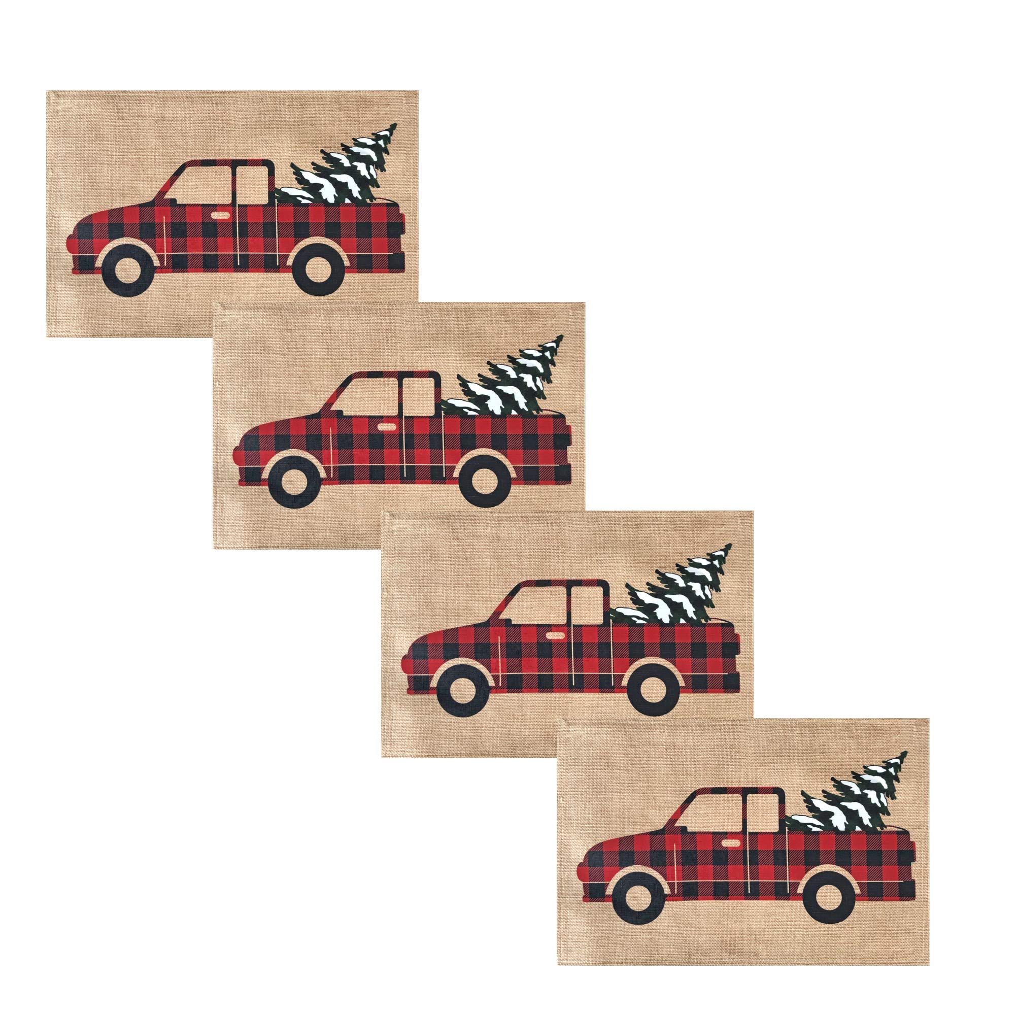 Newbridge Pine Hill Christmas Tree Farm Fabric Holiday Placemats - Set of 4 Nostalgic Retro Christmas Farm Truck Print Buffalo Check Placemats for Dining Table Decor, Seasonal Dinner Party & Cozy Winter Gatherings