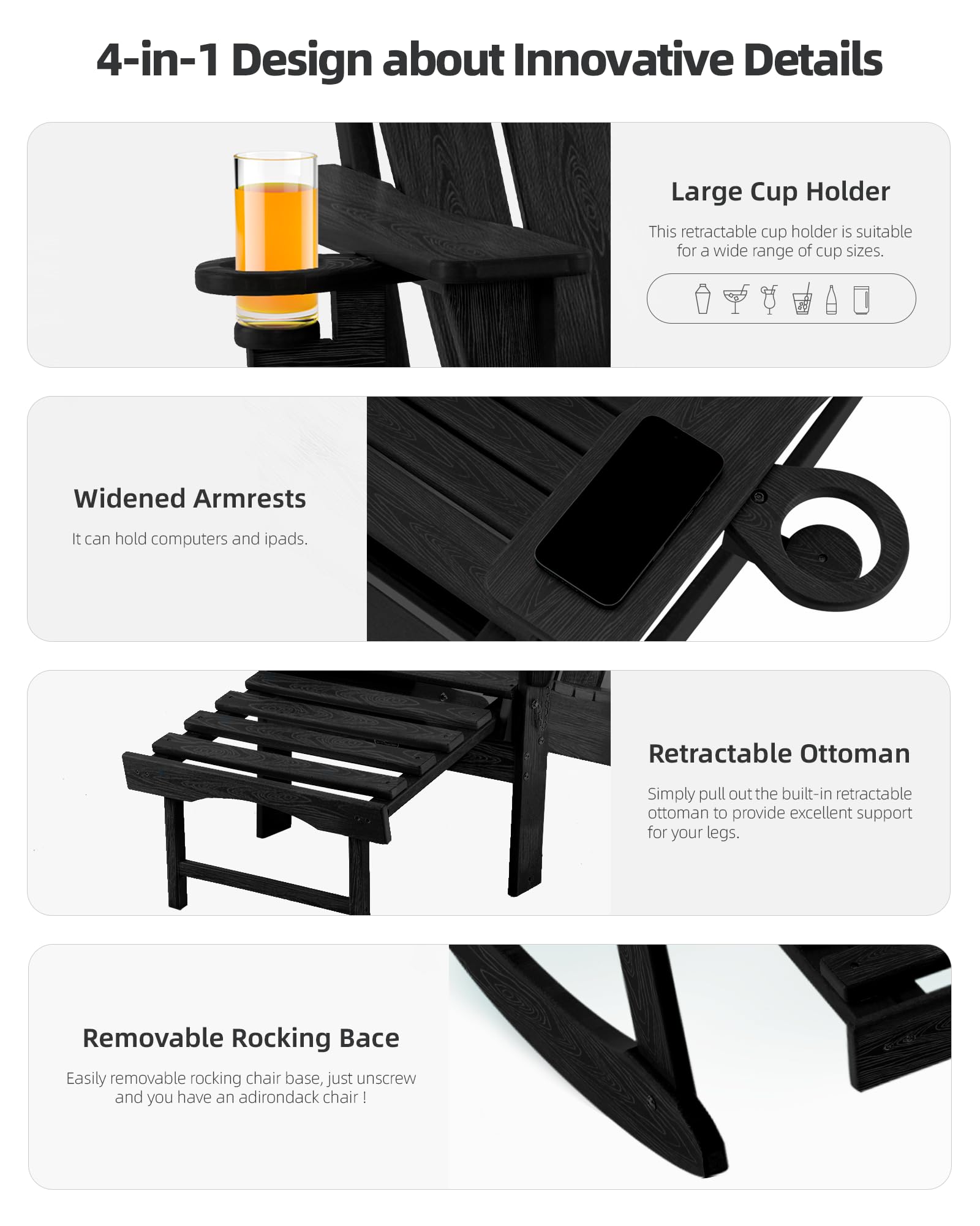 4-in-1 Folding Adirondack Rocking Chair with Ottoman - Patio, Lawn & Outdoor Chair in Wood Texture - Perfect for Porch, Backyard, Poolside & Garden Relaxation (Black)