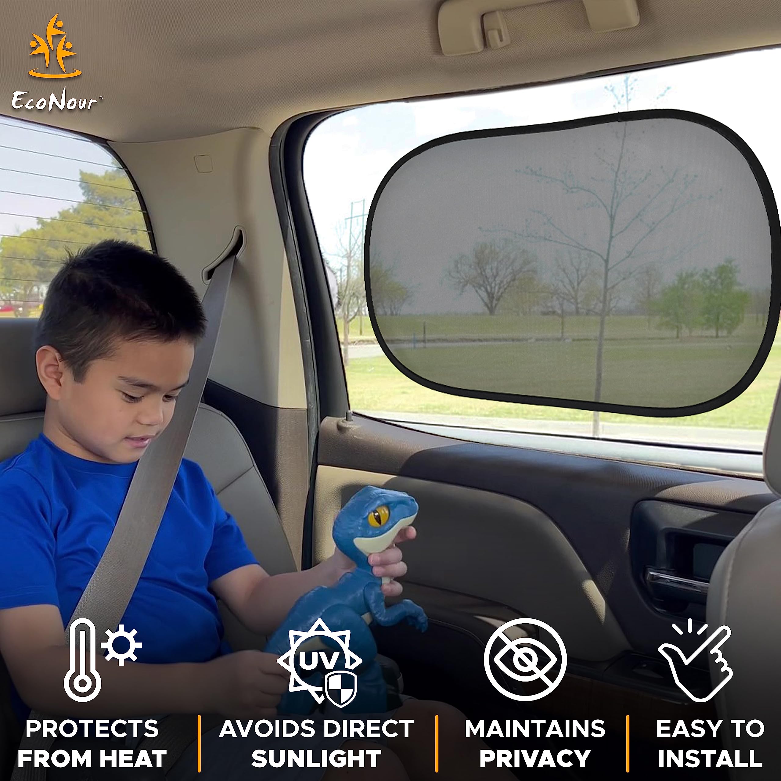20”x12” Car Windshield Sun Shade + Side Window Shades (4 Pack) & 39”x17” Rear Window Sun Shade | Complete UV Protection for Baby & Child Safety | Car Interior Accessories for Summer Heat | Perfect for Road Trips, School Runs & Family Travel