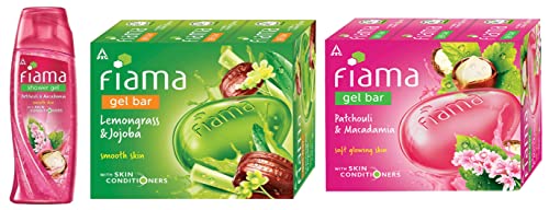 Fiama Shower Gel Patchouli & Macadamia Body Wash 250ml + Blackcurrant Bearberry & Lemongrass Jojoba Soap Bars 125g (3-Pack Each) - Moisturizing Bath Set for Spa-Like Relaxation at Home