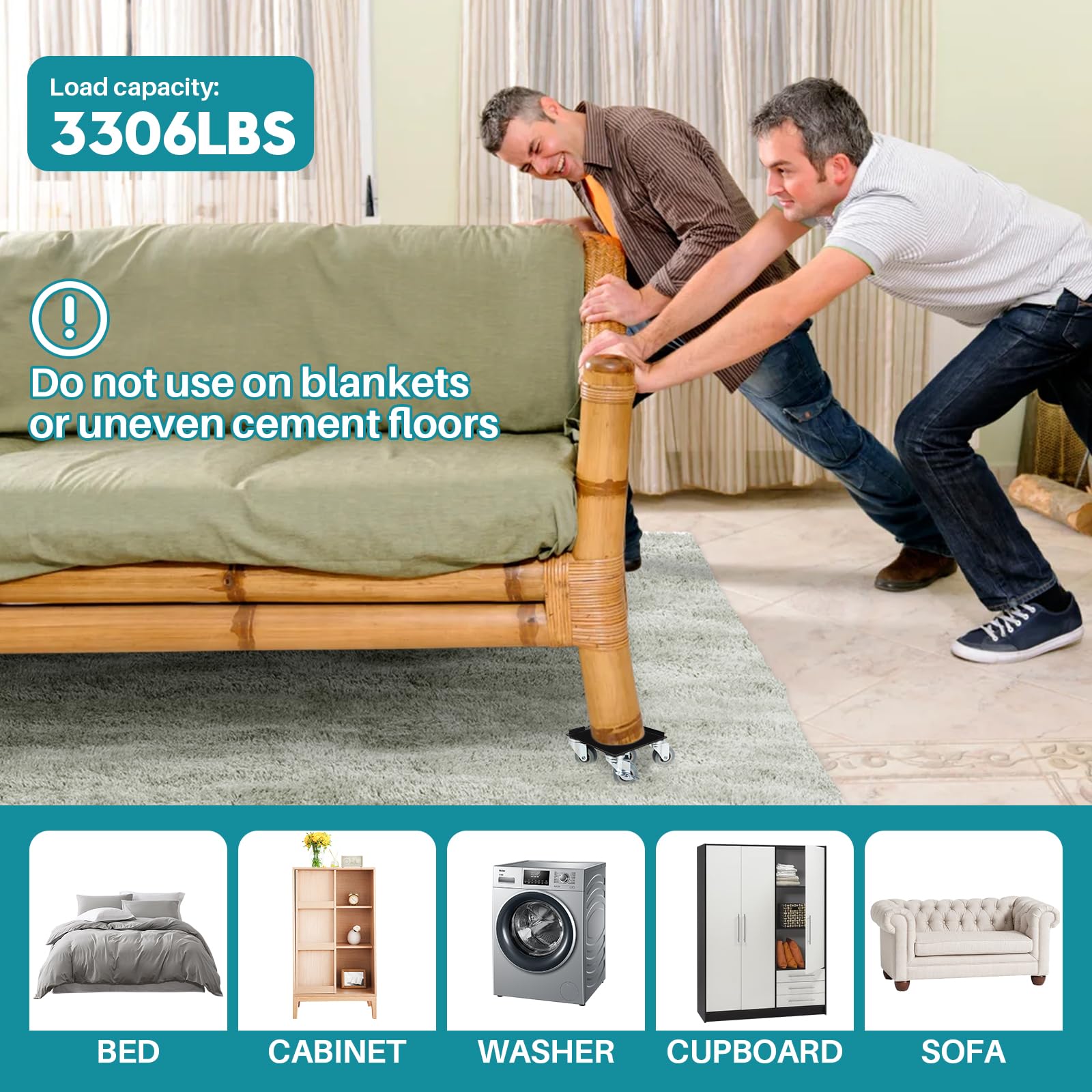 Heavy Duty Furniture Dolly with 5 360° Swivel Wheels & Brakes - 3306LBS Capacity - Professional Moving Equipment for Sofas, Cabinets, Refrigerators - Perfect for Home Moving, Warehouse Relocation & Office Furniture Transport