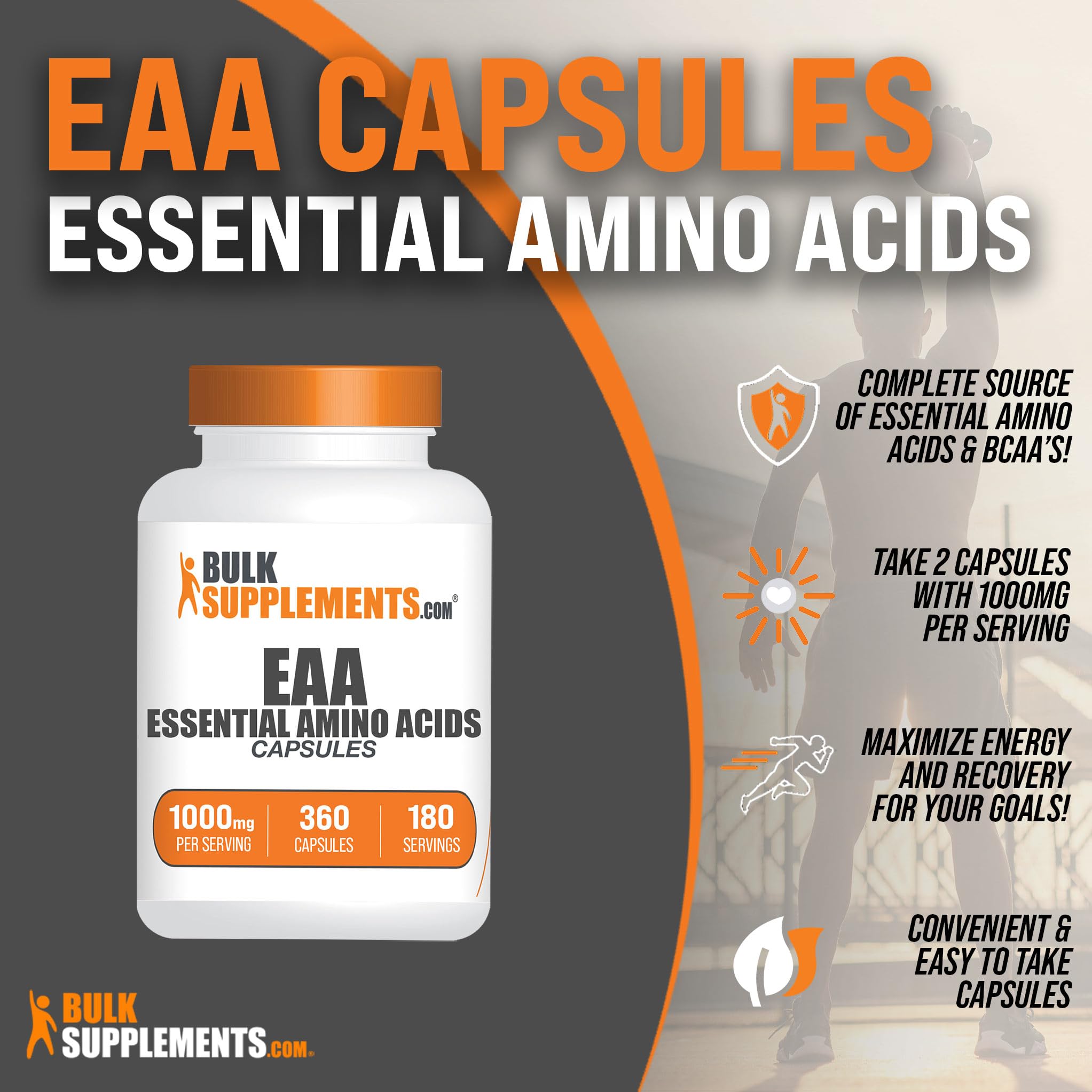 BulkSupplements.com Essential Amino Acids (EAA) Capsules - 360 Count, 180-Day Supply, 2 Capsules per Serving - Vegan & Gluten-Free Amino Acid Supplement for Muscle Recovery, Workout & Fitness - Supports Energy, Endurance & Post-Workout Recovery