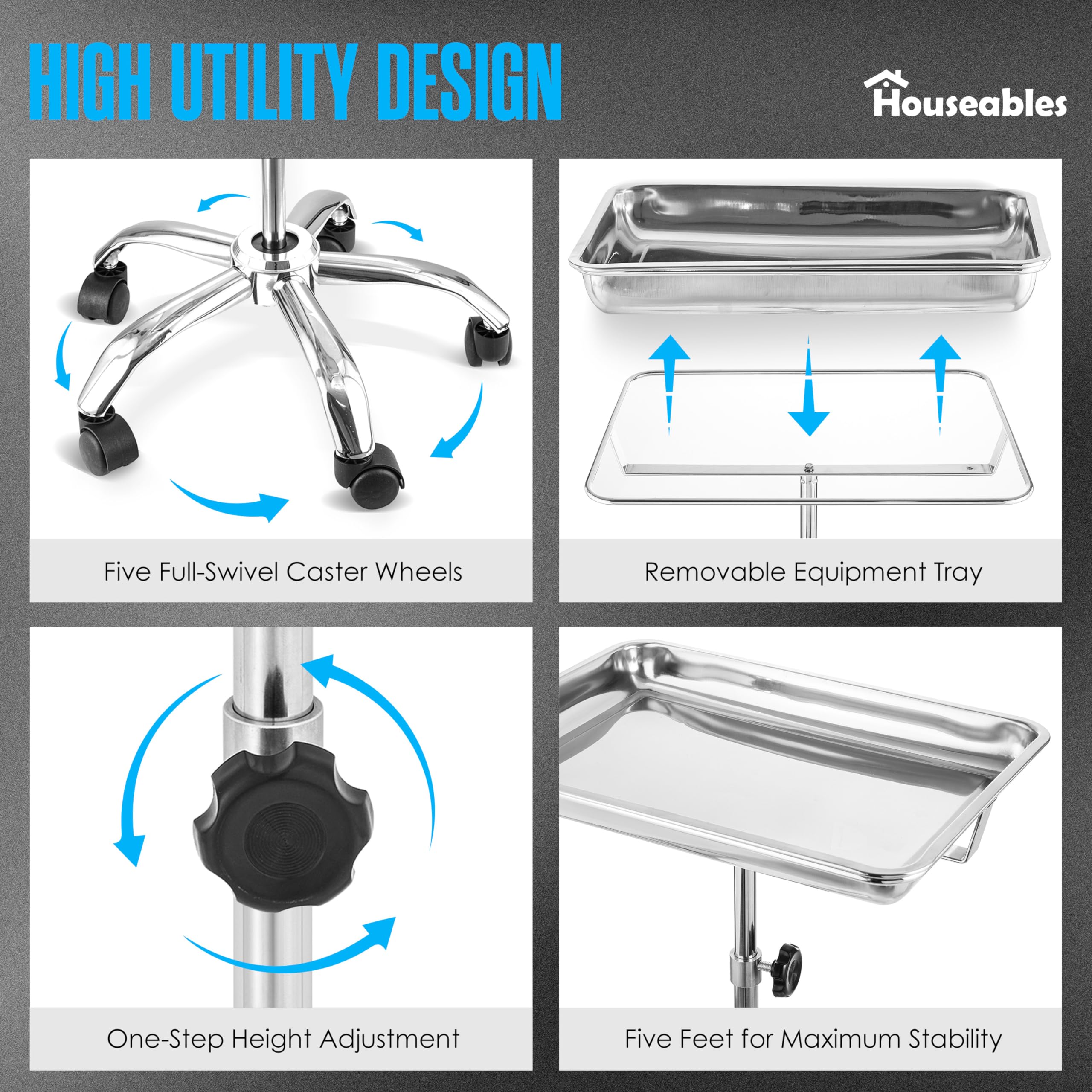 Houseables Adjustable Height Mayo Stand with Wheels - Stainless Steel Medical Rolling Tray for Tattoo, Salon & Clinic Use - Sterile Mobile Utility Cart (31