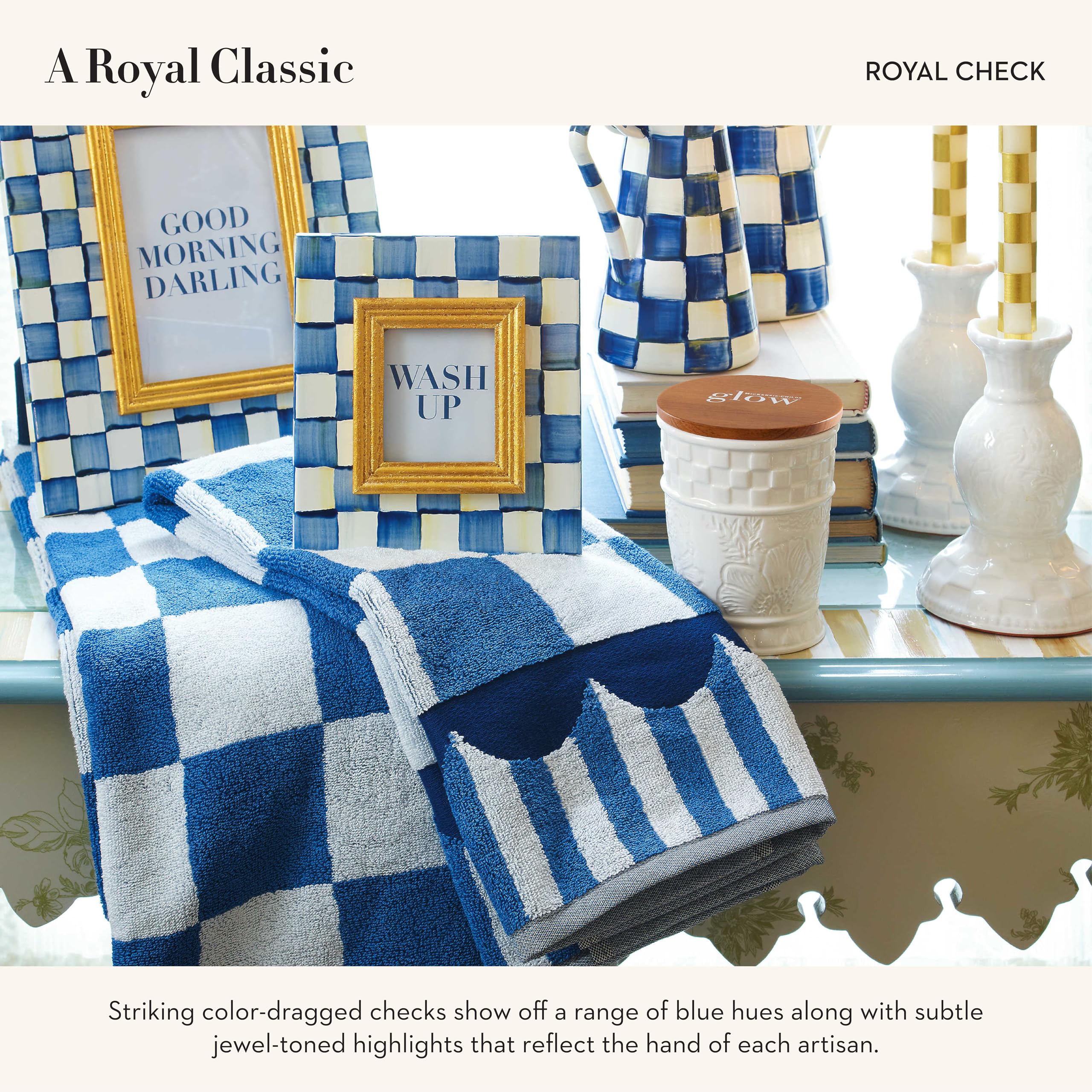 MACKENZIE-CHILDS Blue and White Royal Check Hand Towel - Decorative Cotton Kitchen & Bath Towel for Home Decor, Gifts, and Everyday Use