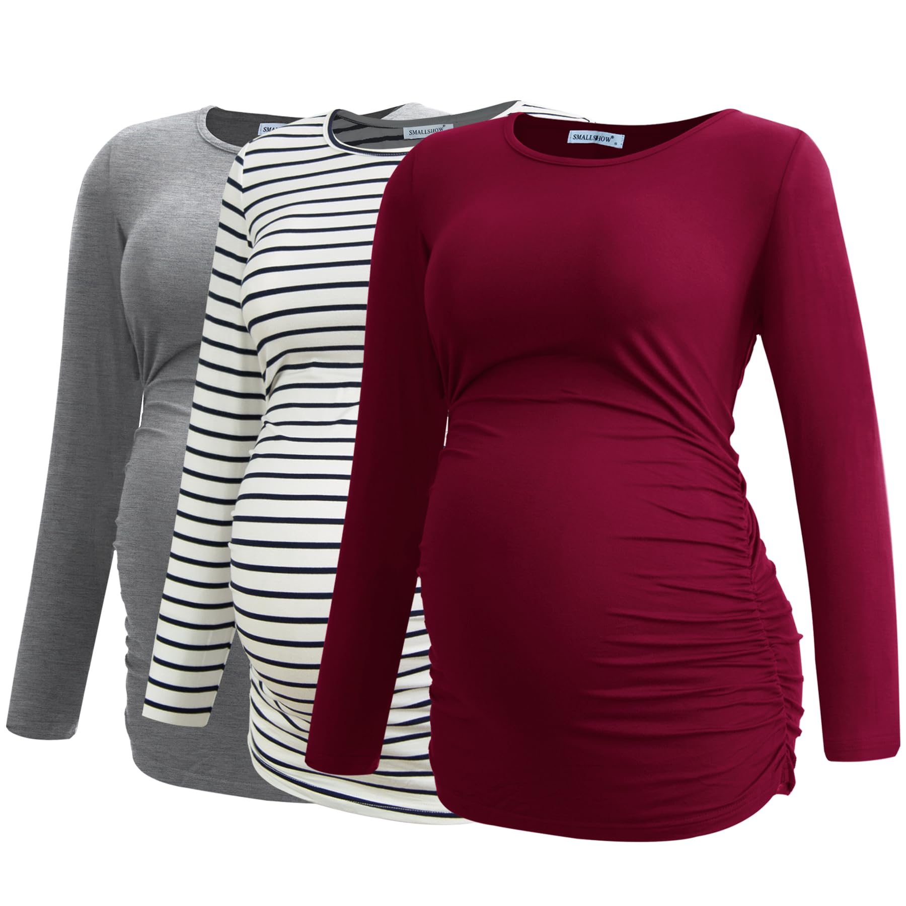 Smallshow Women's Maternity Shirts - 3 Pack Long Sleeve Pregnancy Tops for Comfort & Style | Perfect for Work, Casual Wear & Nursing