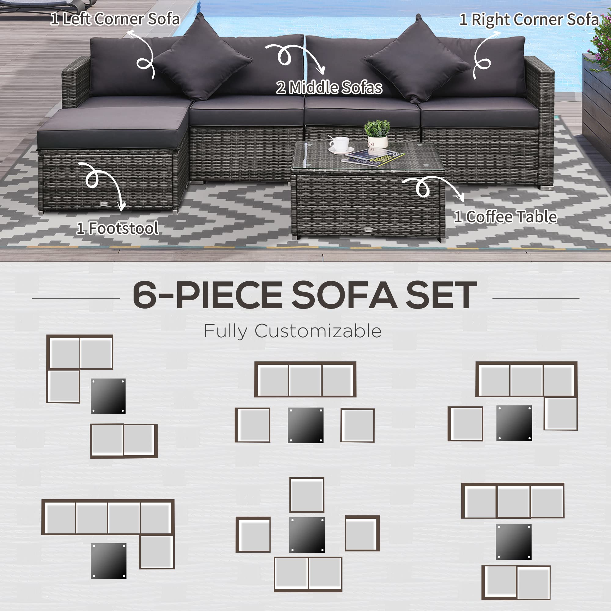Outsunny 6-Piece Patio Furniture Set - All-Weather PE Rattan Outdoor Wicker Sectional Sofa with Ottoman, Cushions & Tempered Glass Table - Mixed Gray - Perfect for Backyard, Garden, Poolside & Patio Relaxation