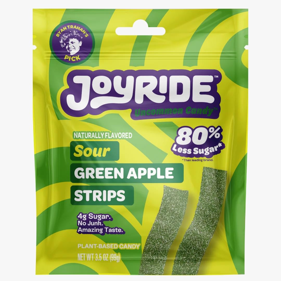 Sour Green Apple Candy Strips - 80% Less Sugar, 3.5oz | Low Sugar Gummy Belts, Tart Fruit Snacks | Perfect for Lunchboxes, Movie Nights & Party Favors