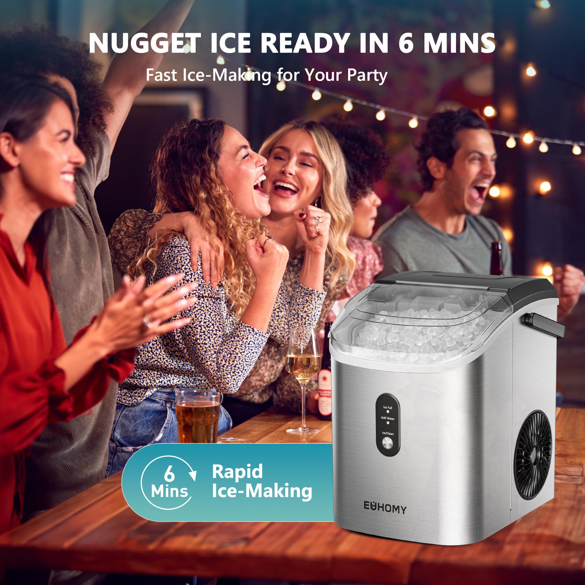 EUHOMY Portable Nugget Ice Maker Countertop - 34lbs/Day, 6-Minute Fast Ice Production, Auto-Cleaning, Removable Top Cover - Includes Ice Basket & Scoop - Perfect for Home, Office, RV, Camping & Parties (Silver) - Enjoy Chewable Ice for Drinks, Cocktails & Outdoor Adventures