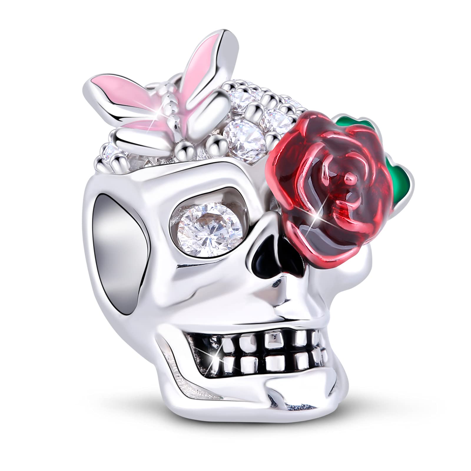 GNOCE S925 Sterling Silver Sugar Skull Charm for Women - Rose Skull Pendant for Bracelets & Necklaces - Perfect for Day of the Dead Jewelry, Boho Fashion & Gift Giving