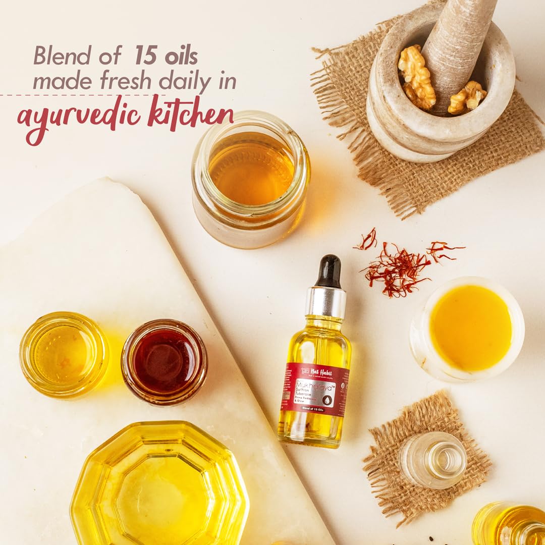 NAT HABIT Saffron Tuberose Mukhalaya Face Oil for Women - 15ml | Blend of 15 Cold Pressed Oils for Skin Radiance, Glow & Dullness Removal | Perfect for Daily Skincare Routine & Special Occasion Glow