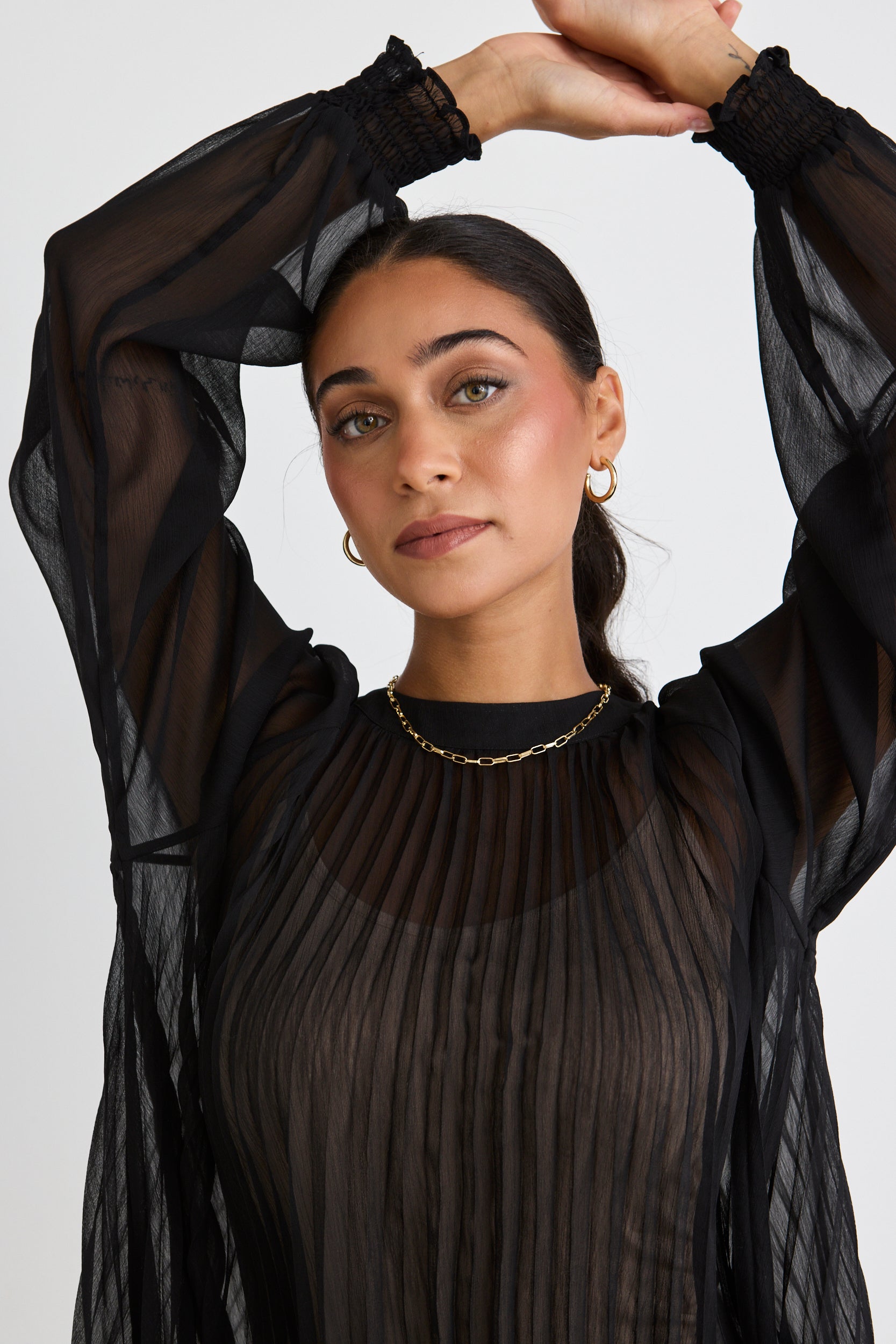 Black Sheer Pleated Swing Top for Women - Flowy Boho Blouse for Casual Wear & Date Night Outfits
