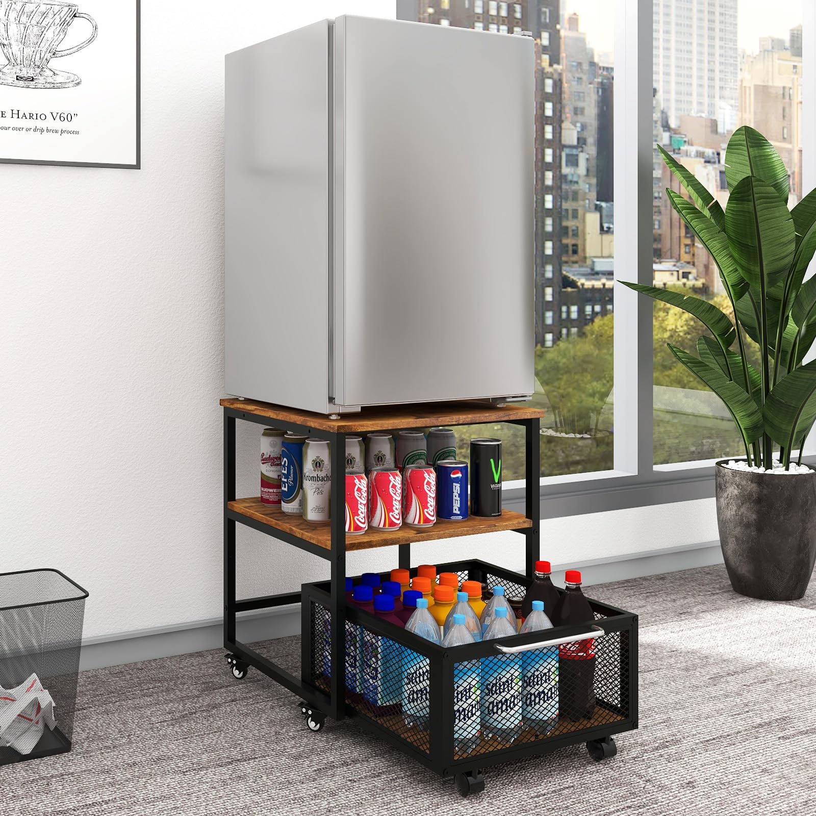 PUNCIA 19.7x19.7 Inch Heavy Duty Mini Fridge Stand with Storage & 4 Lockable Wheels - Compact Beverage Refrigerator Table for Coffee Bar, Office, Home, Bedroom & Dorm - Perfect for Small Spaces & Drink Storage Organization