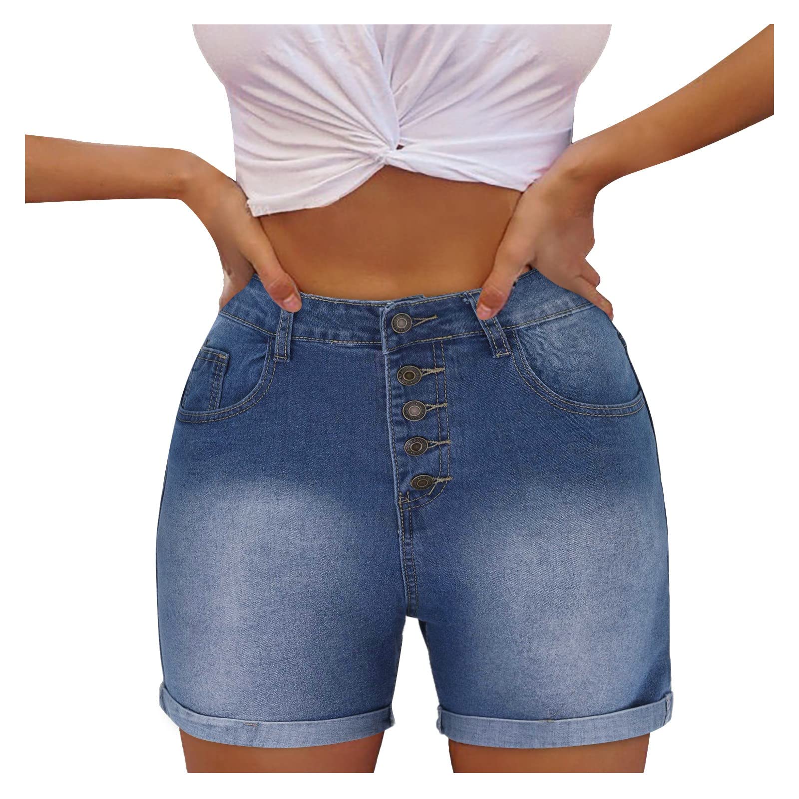 Women's Stretch Denim Shorts with Ripped Flap Pockets - 5-Button Sexy High Waist Overall Shorts for Summer Fashion | Casual Outfit, Beach Wear & Street Style