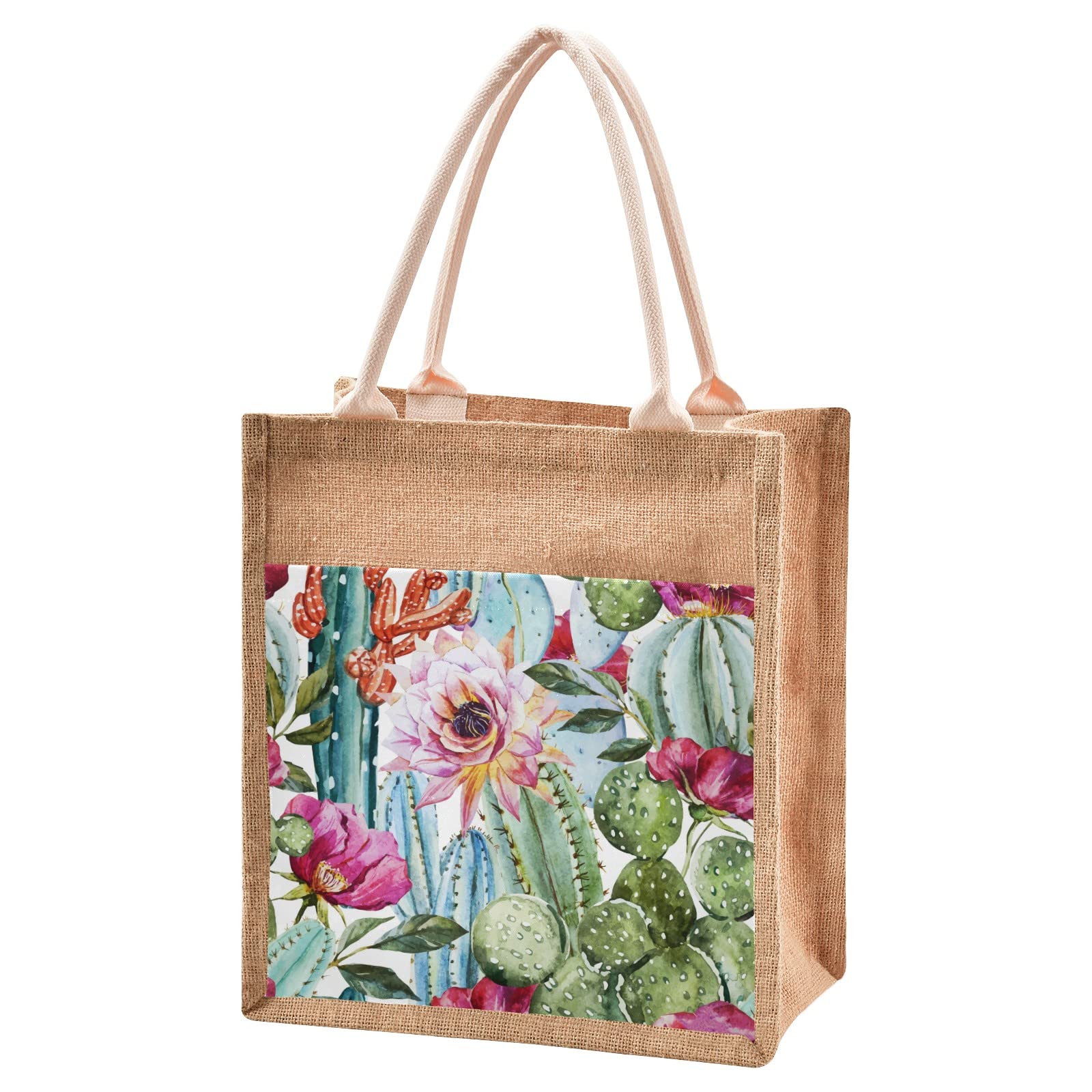 CaTaKu Waterproof Jute Tote Bag with Zipper - 13x14 Inch Reusable Shopping Bag with Front Canvas Pocket | Eco-Friendly Grocery Bag for Women, Beach, Travel & Daily Use