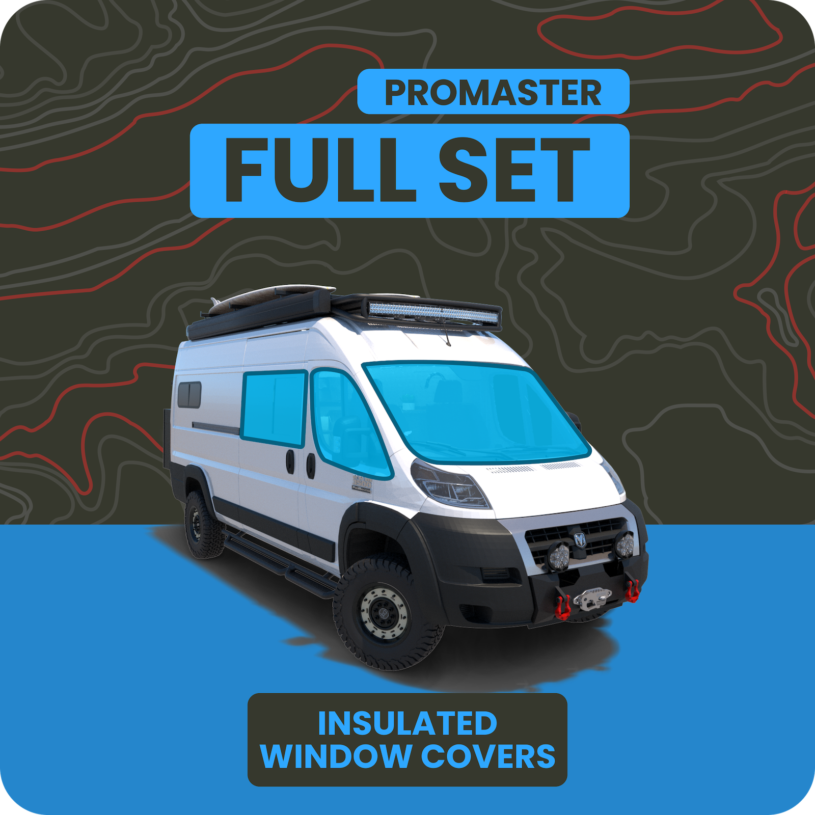Promaster Full 8 Piece Window Cover Set - Blackout Shades for Van, RV & Camper - Privacy & UV Protection for Travel & Camping